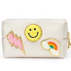 LieToi Preppy Patch bag with smile print keeps cosmetics organized on the go