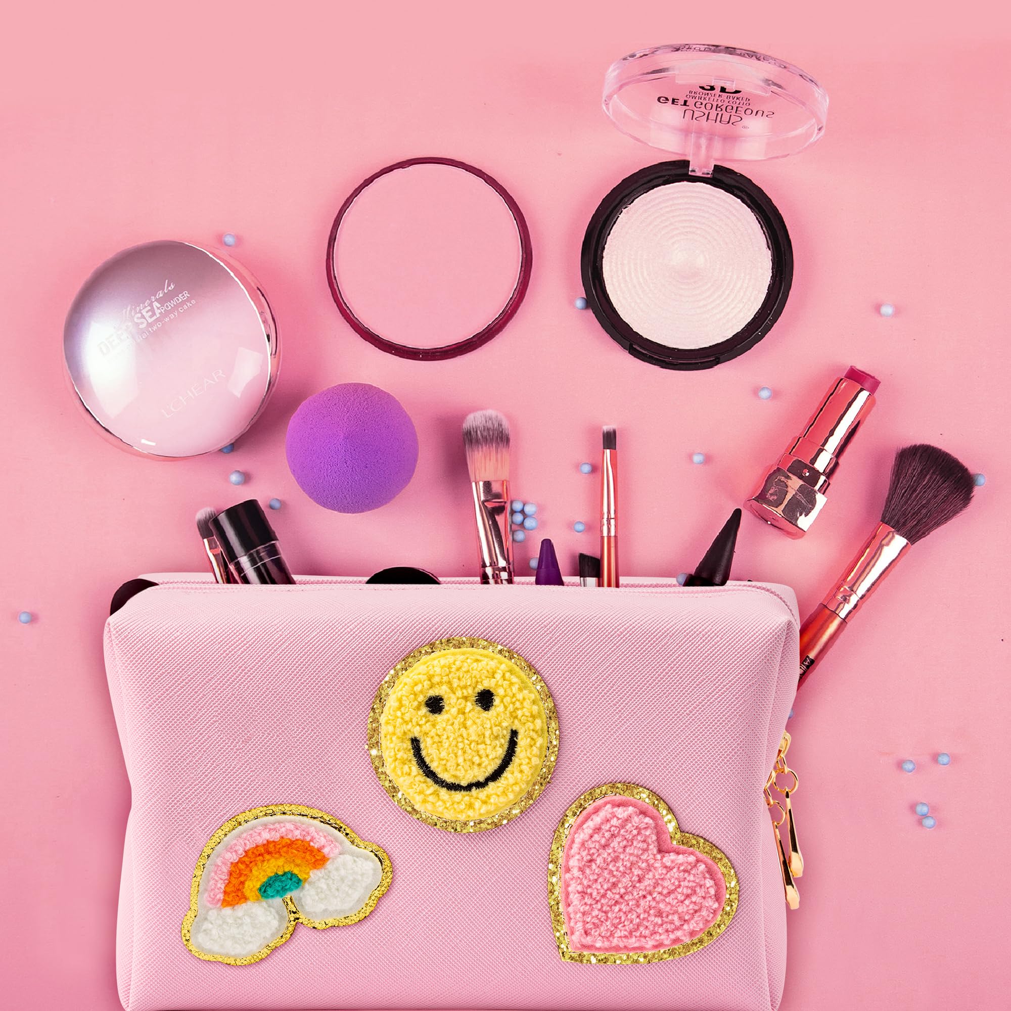 LieToi Preppy Patch bag with smile pattern highlights mood-lifting daily makeup storage