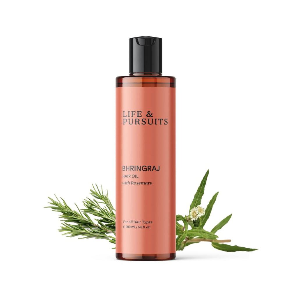 Life & Pursuits bhringraj hair oil bottle illustrating nourishing scalp care and natural shine.