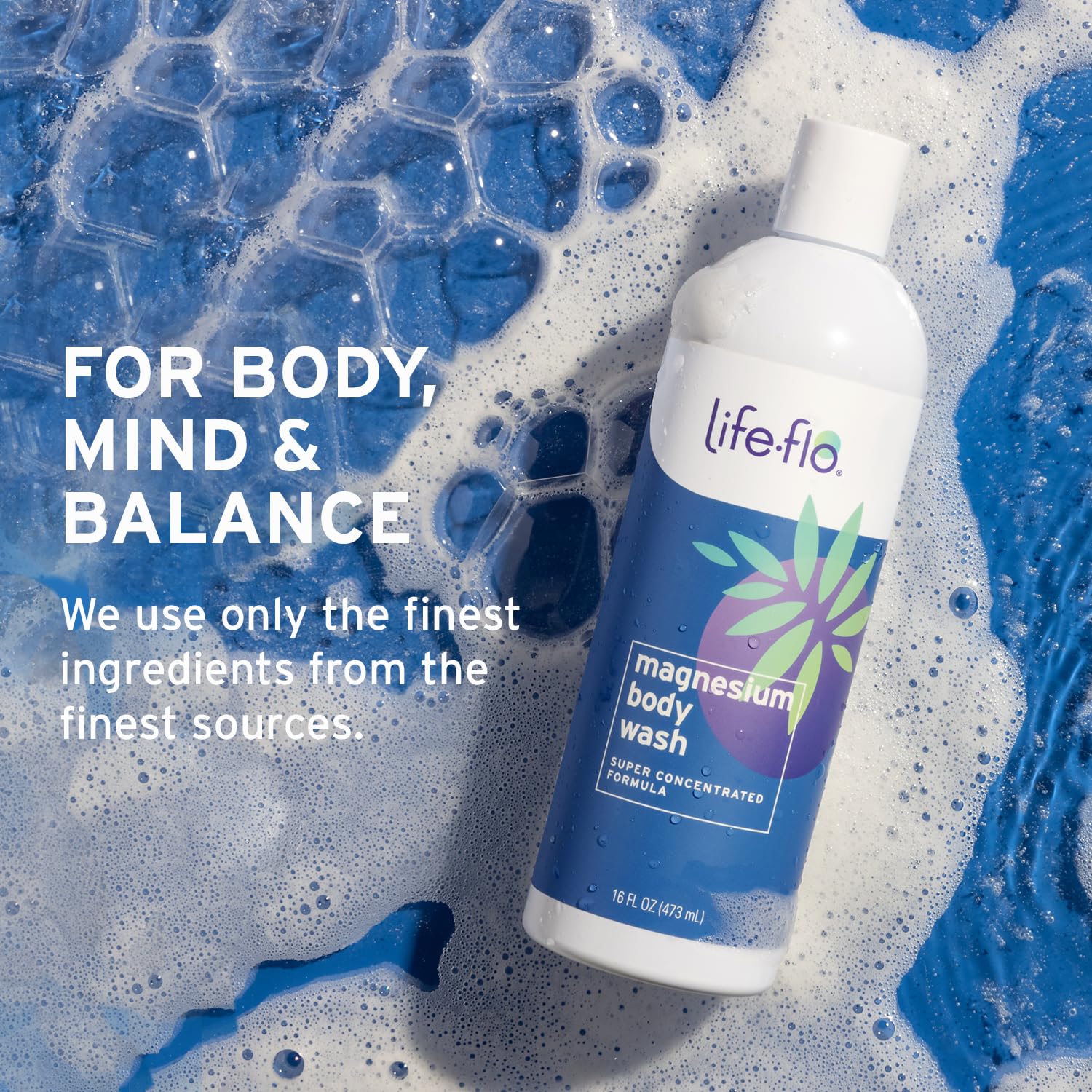 Life-Flo Magnesium Body Wash peppermint oil scene conveys cooling aroma during shower.