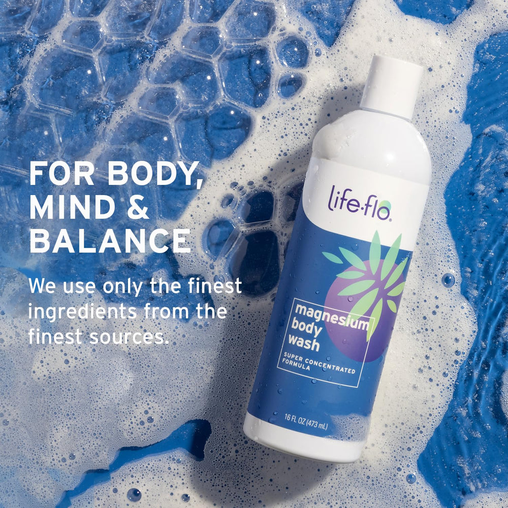 Life-Flo Magnesium Body Wash peppermint oil scene conveys cooling aroma during shower.