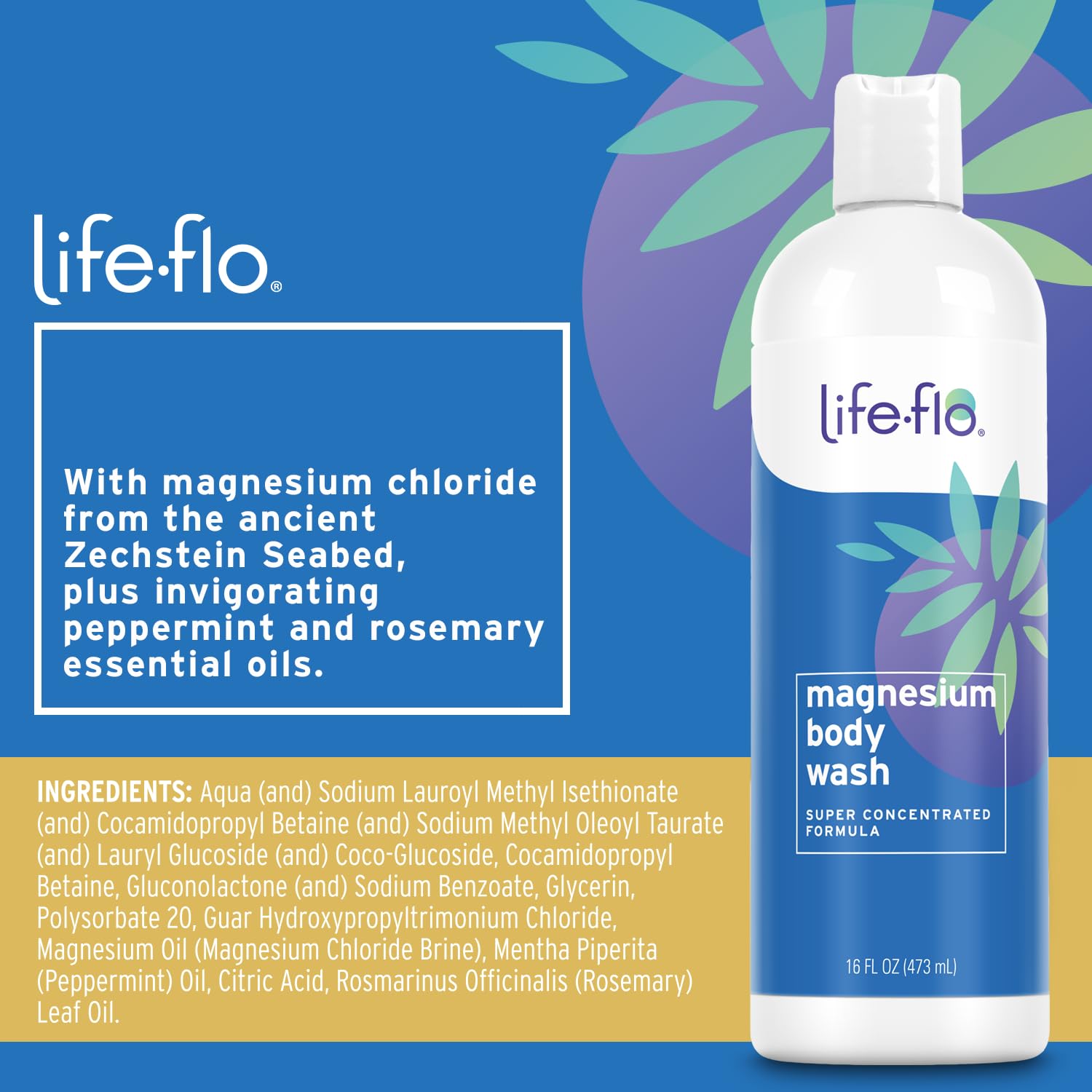 Life-Flo Magnesium Body Wash pour highlights easy application and rich lather.