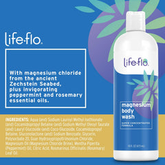 Life-Flo Magnesium Body Wash pour highlights easy application and rich lather.