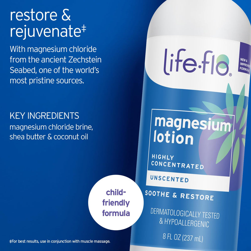 Close-up of Life-Flo Magnesium Lotion texture showing creamy, non-greasy absorption.
