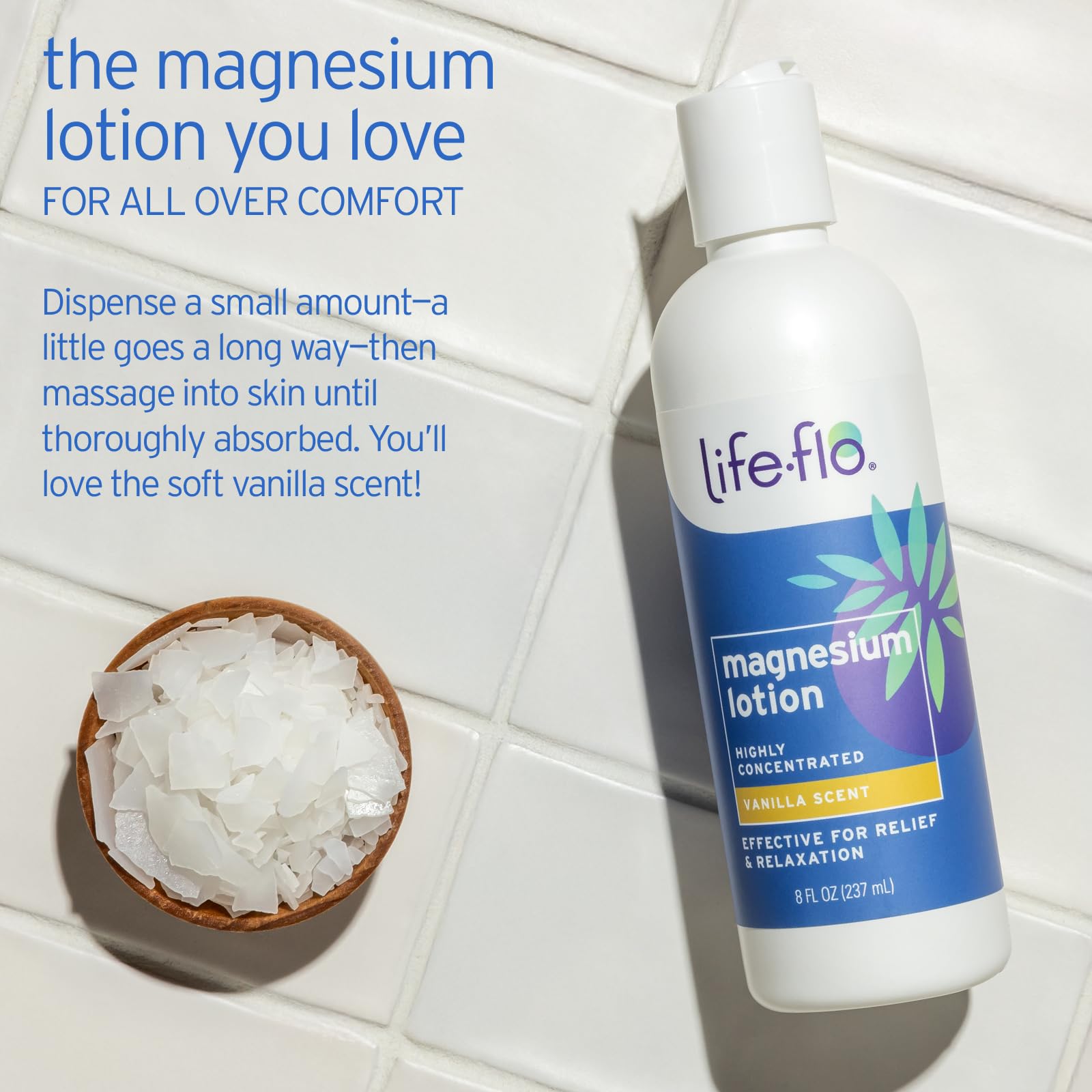 Life-flo Magnesium Lotion Vanilla Label Detail shows Zechstein Seabed source and dermatologist-tested promise.