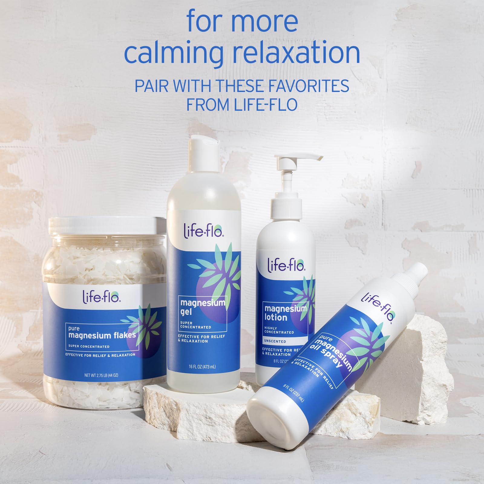 LIFE-FLO magnesium flakes in bath tub setup for calming evenings.