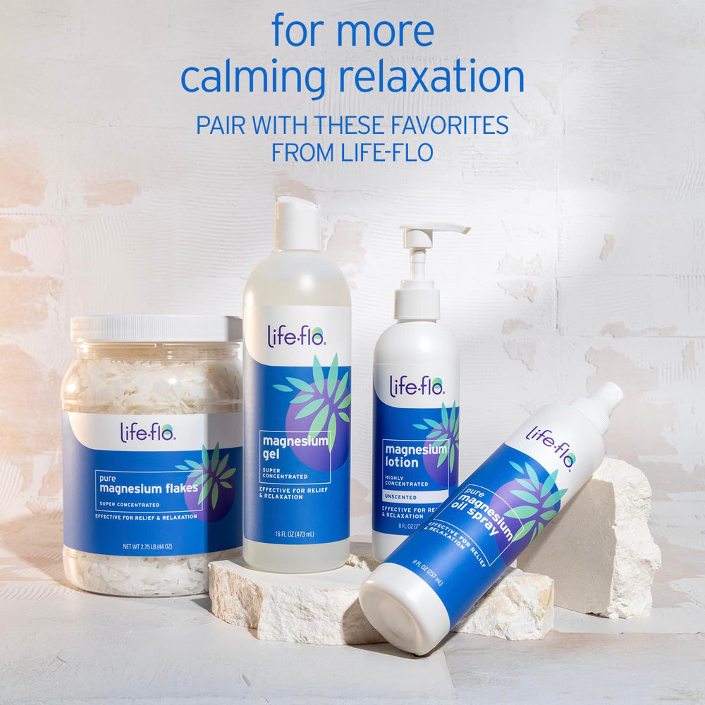 LIFE-FLO magnesium flakes in bath tub setup for calming evenings.