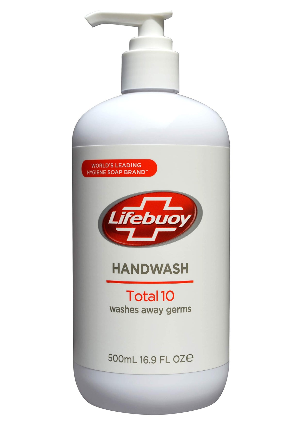 Lifebuoy Total 10 handwash bottle close-up showing creamy lather for gentle cleansing