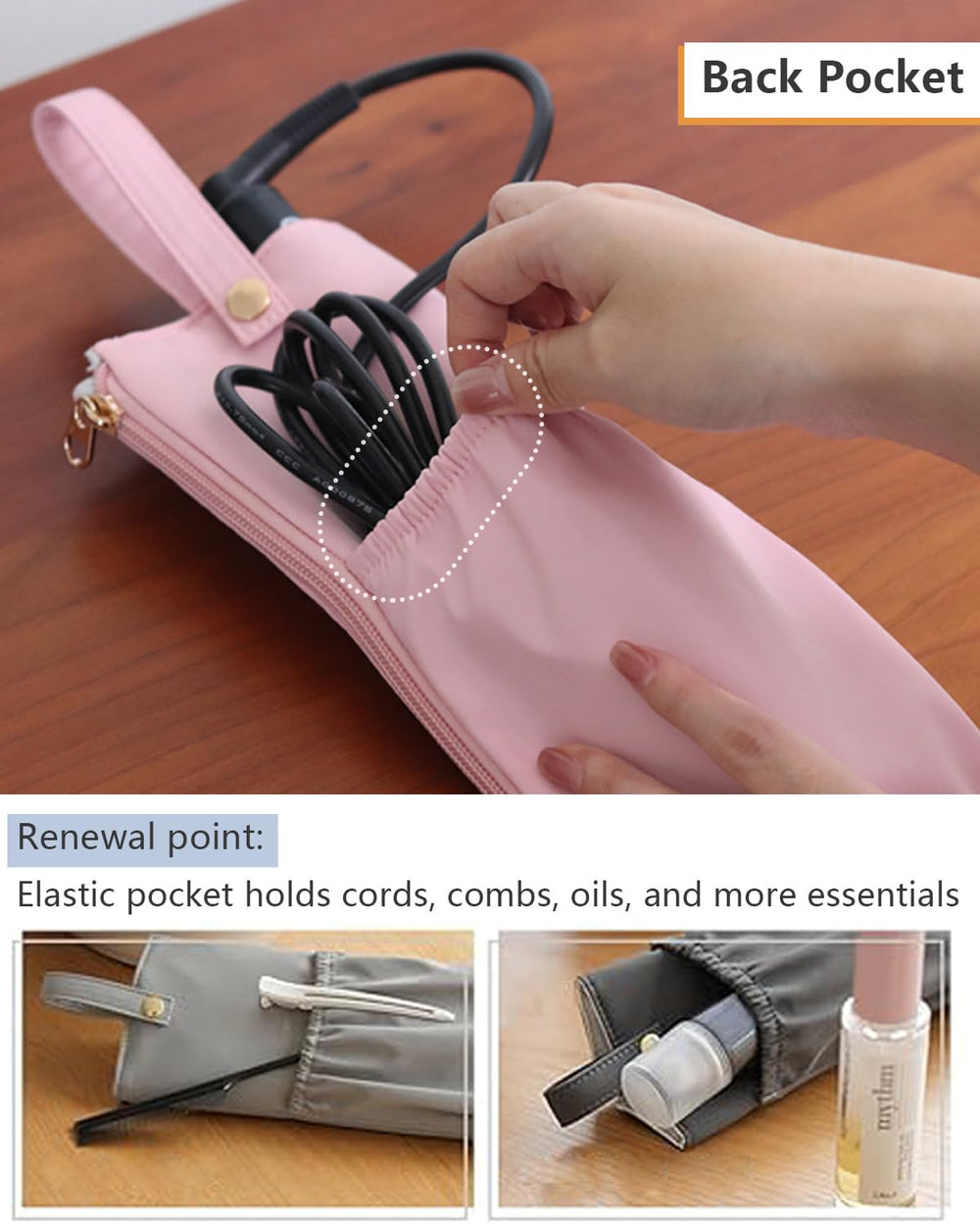 Lifeplus back-pocket-cords-pink keeps cords organized, reducing clutter on vanities or while traveling.