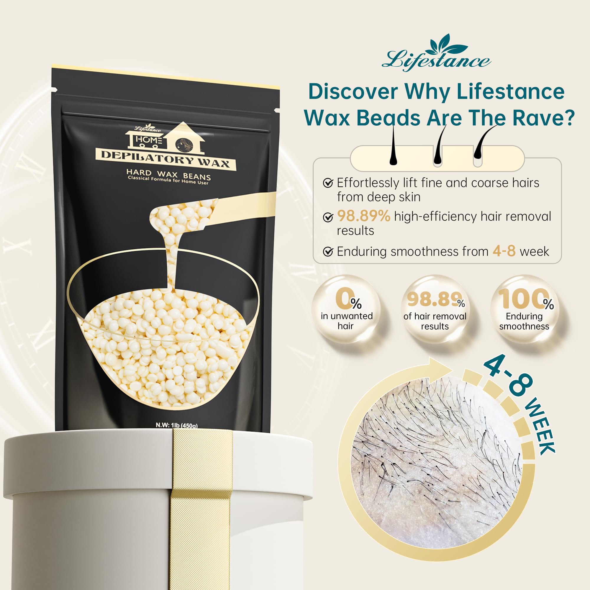 Lifestance hard wax beads closeup with almond oil, highlighting skin-friendly soothing properties.