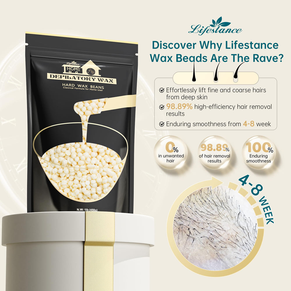 Lifestance hard wax beads closeup with almond oil, highlighting skin-friendly soothing properties.