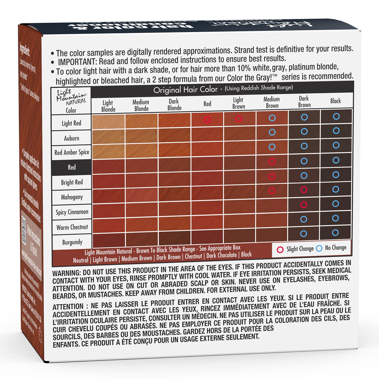 Light Mountain Henna Color bottle shows red shade in chemical-free formula.