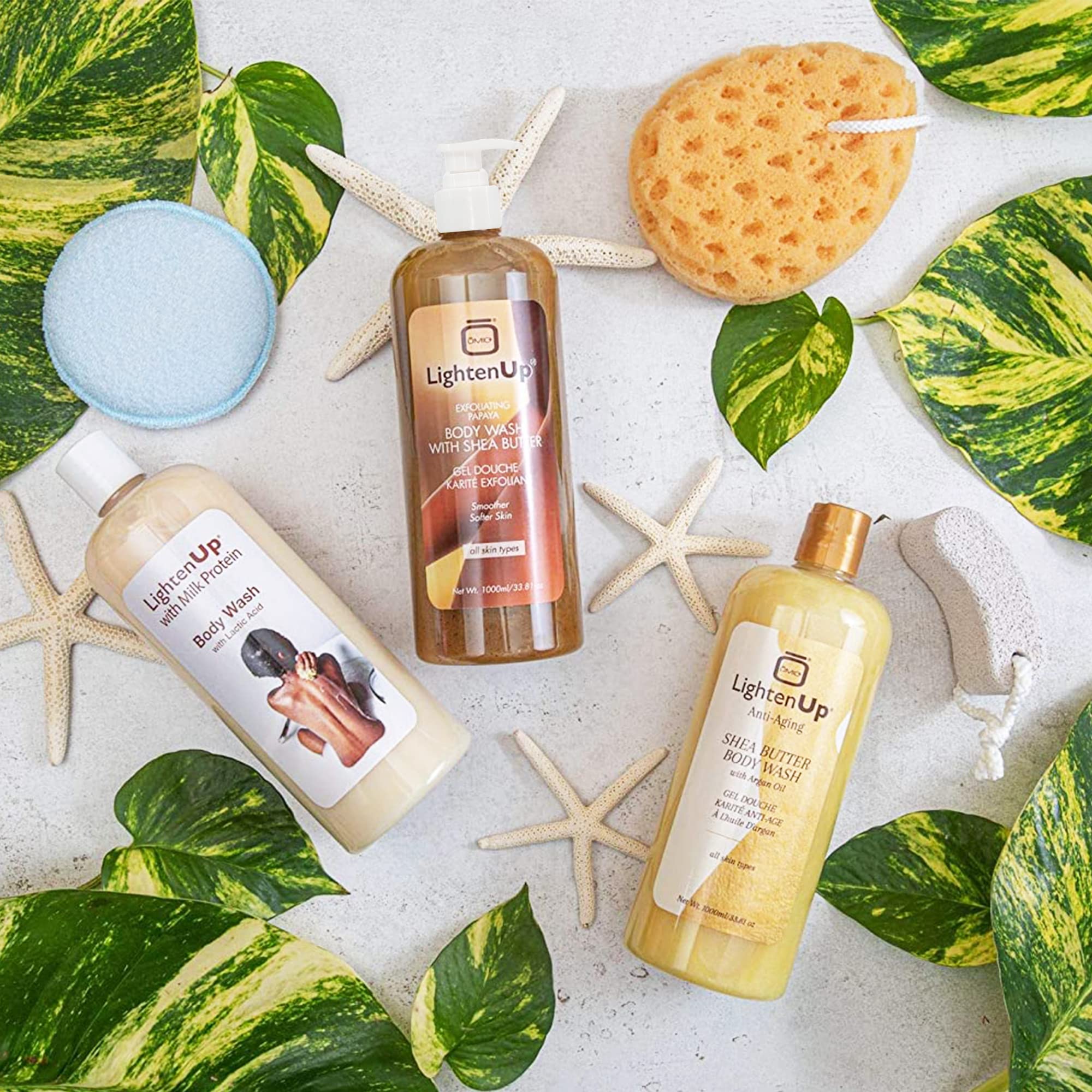 LightenUp Exfoliating Body Wash papaya enzyme features dissolved dead-skin cells for smoother texture.