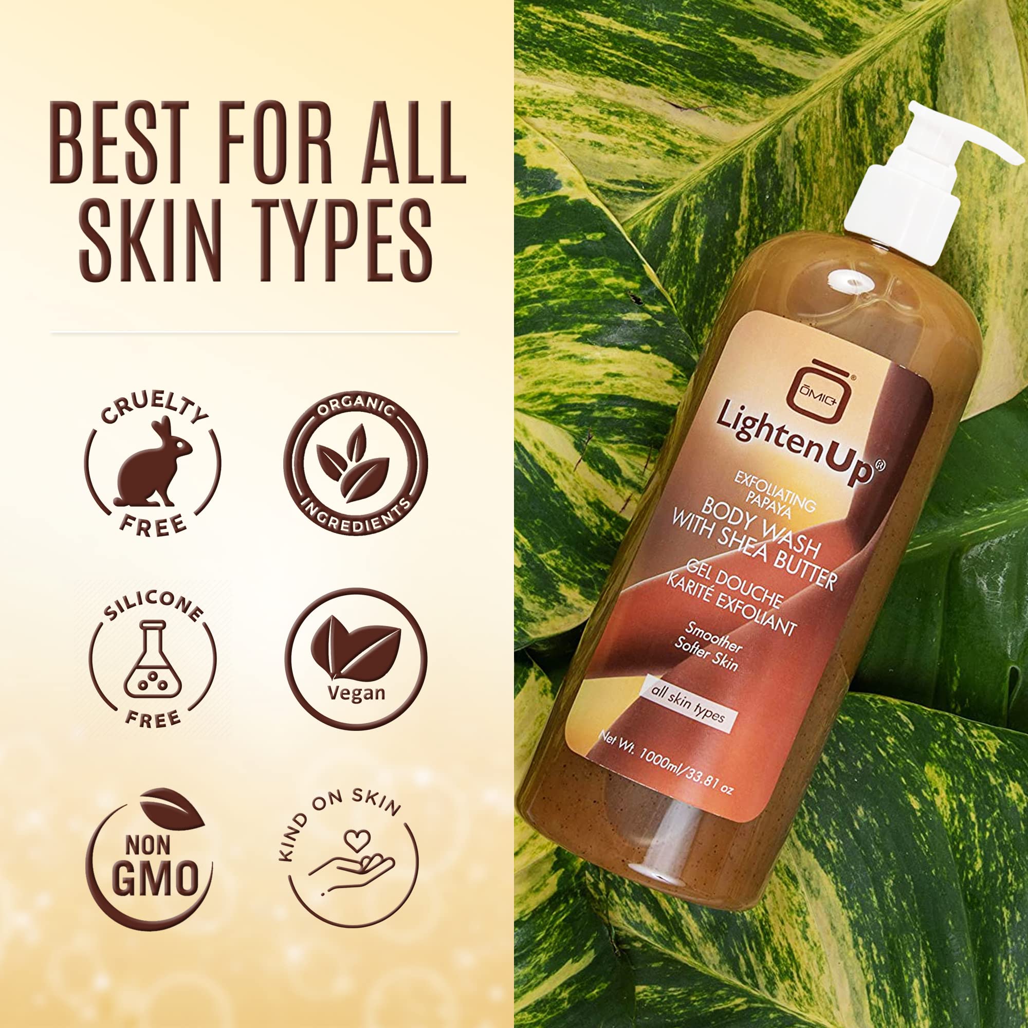 LightenUp Exfoliating Body Wash Shea butter closeup highlights nourishing moisture for dry skin.
