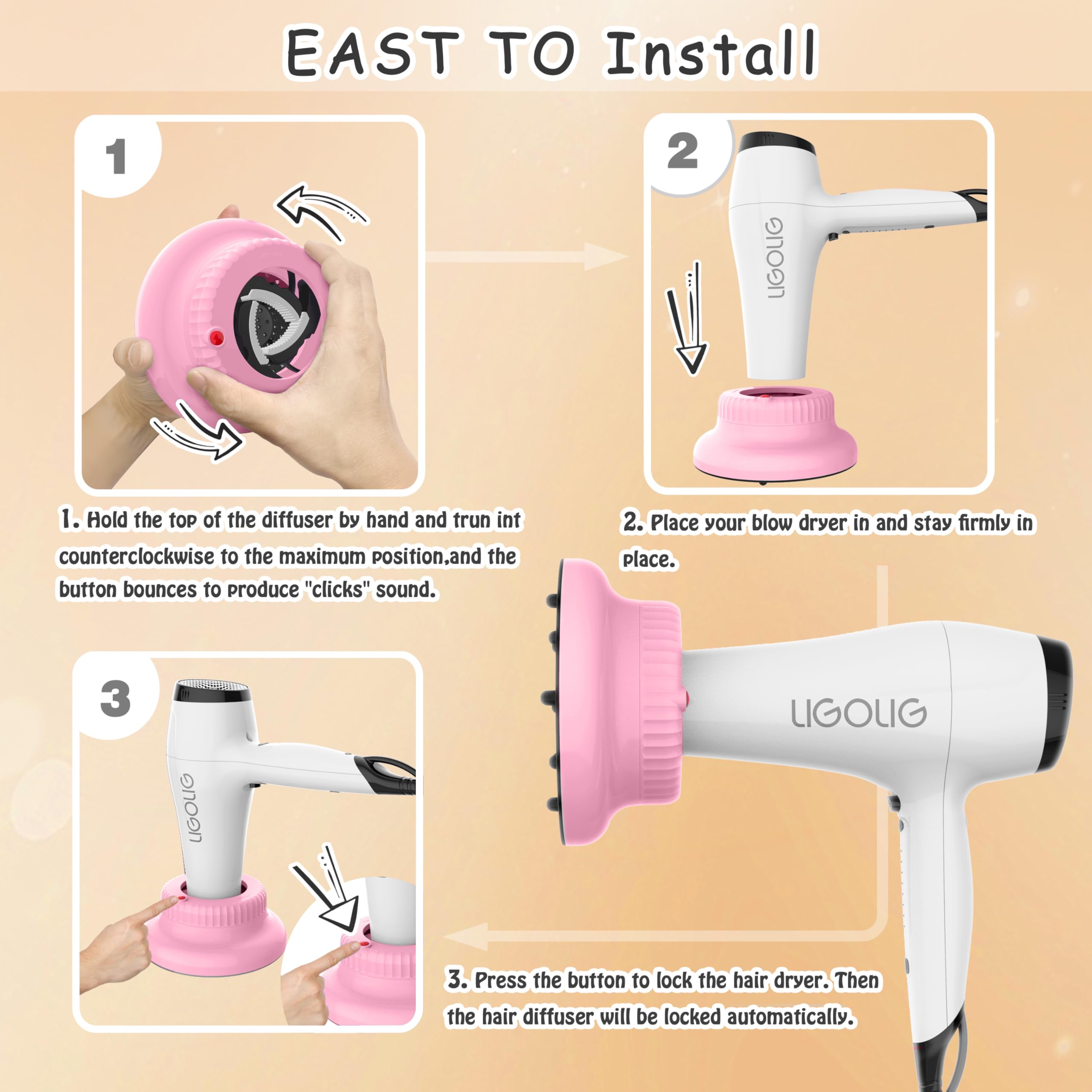 LIGOLIG diffuser for curly hair use demonstrates enhanced curl shape and definition.