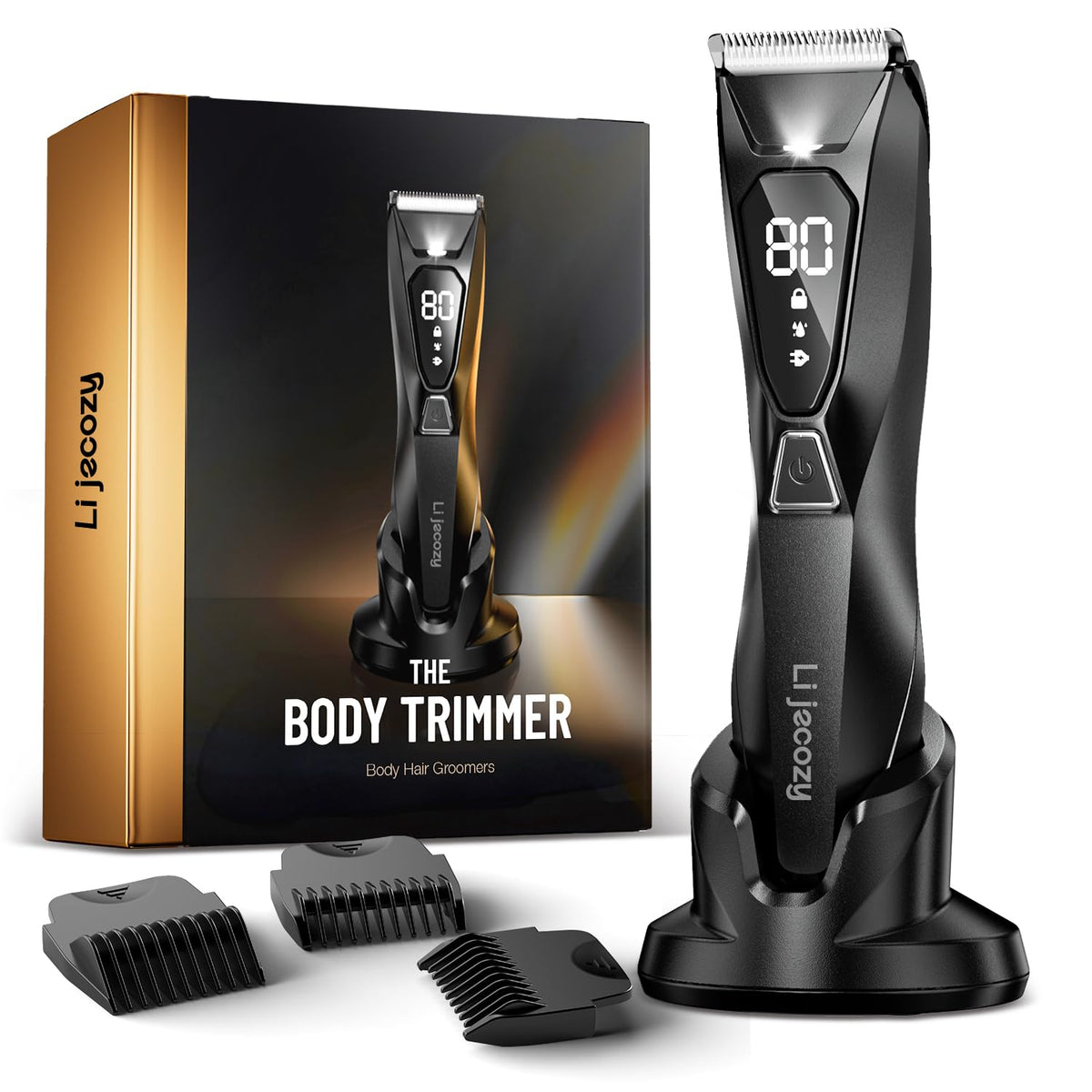 Lijecozy Cosmic Black Body Trimmer display shows battery status for cordless grooming convenience