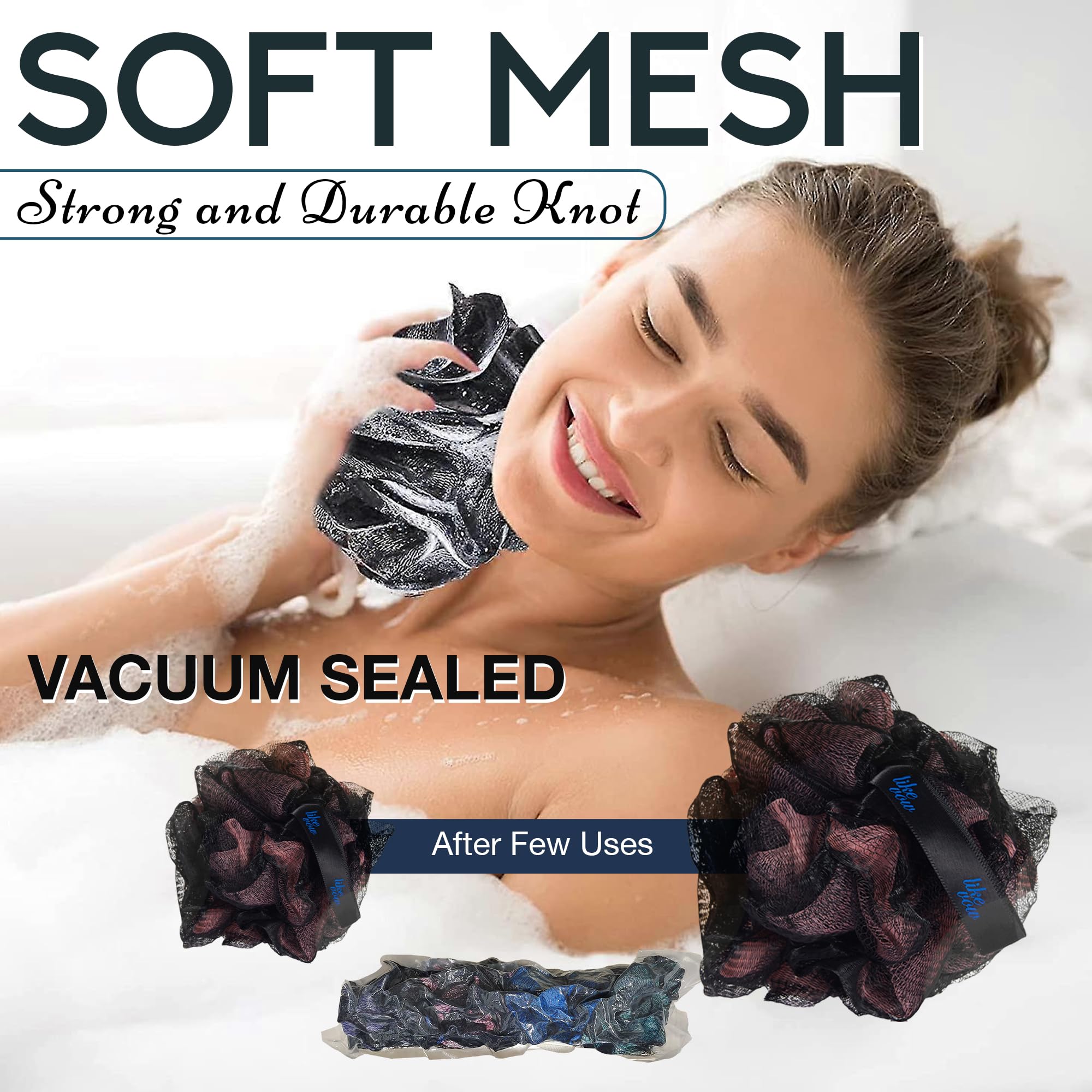 LIKEVOW mesh loofah features a hygienic hanging loop for quick drying