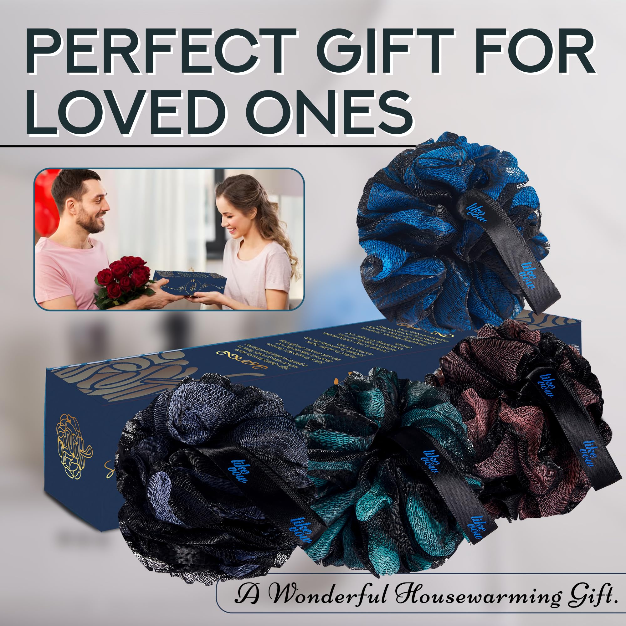 LIKEVOW black mesh loofah for men and women, a versatile bath accessory
