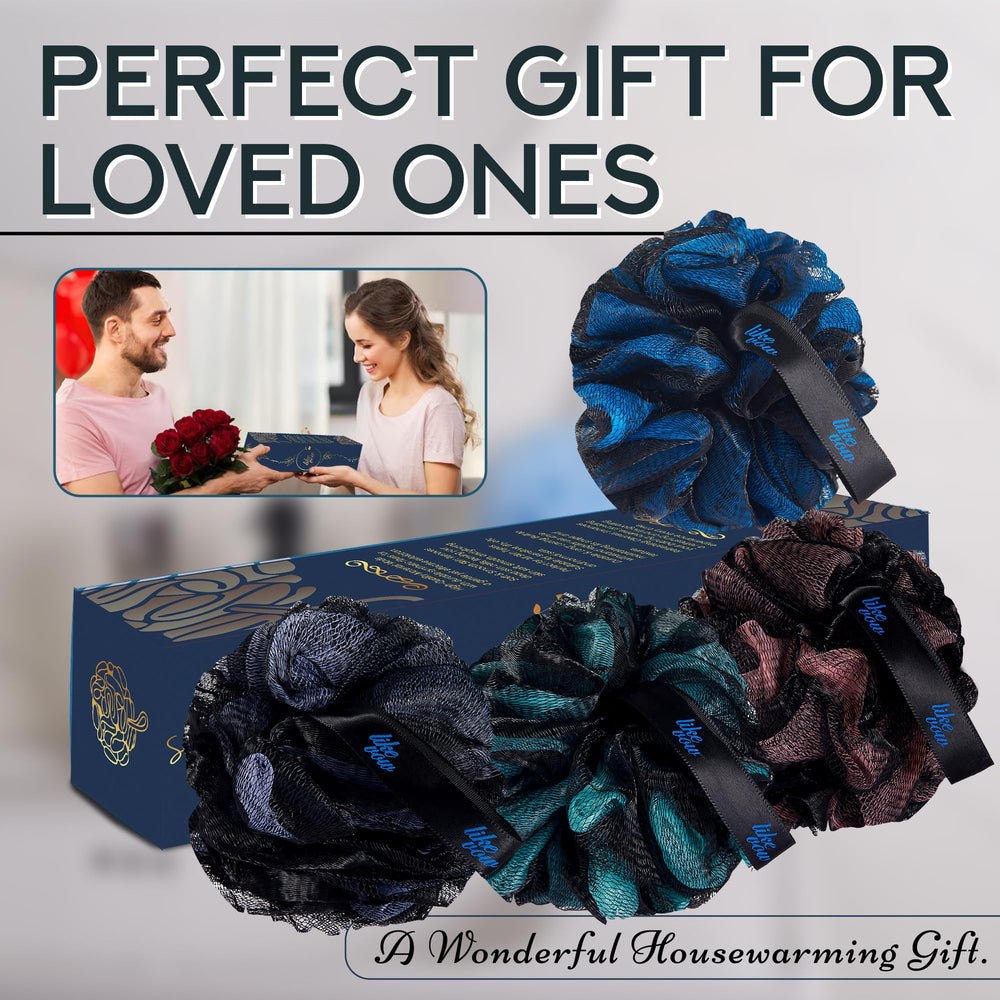 LIKEVOW black mesh loofah for men and women, a versatile bath accessory