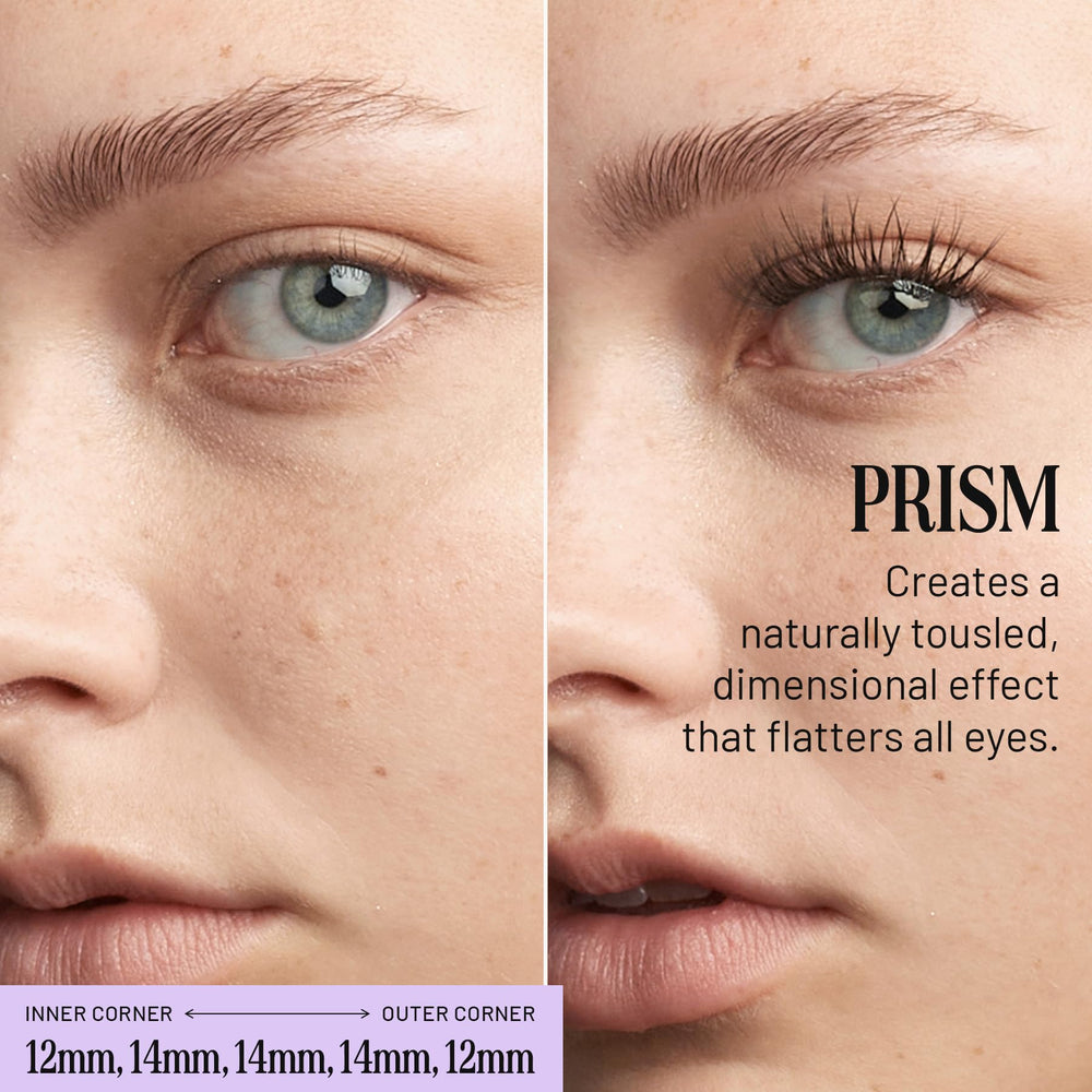 Lilac St Prism mixed-length lashes closeup, highlighting dimensional drama for versatile eye shapes.