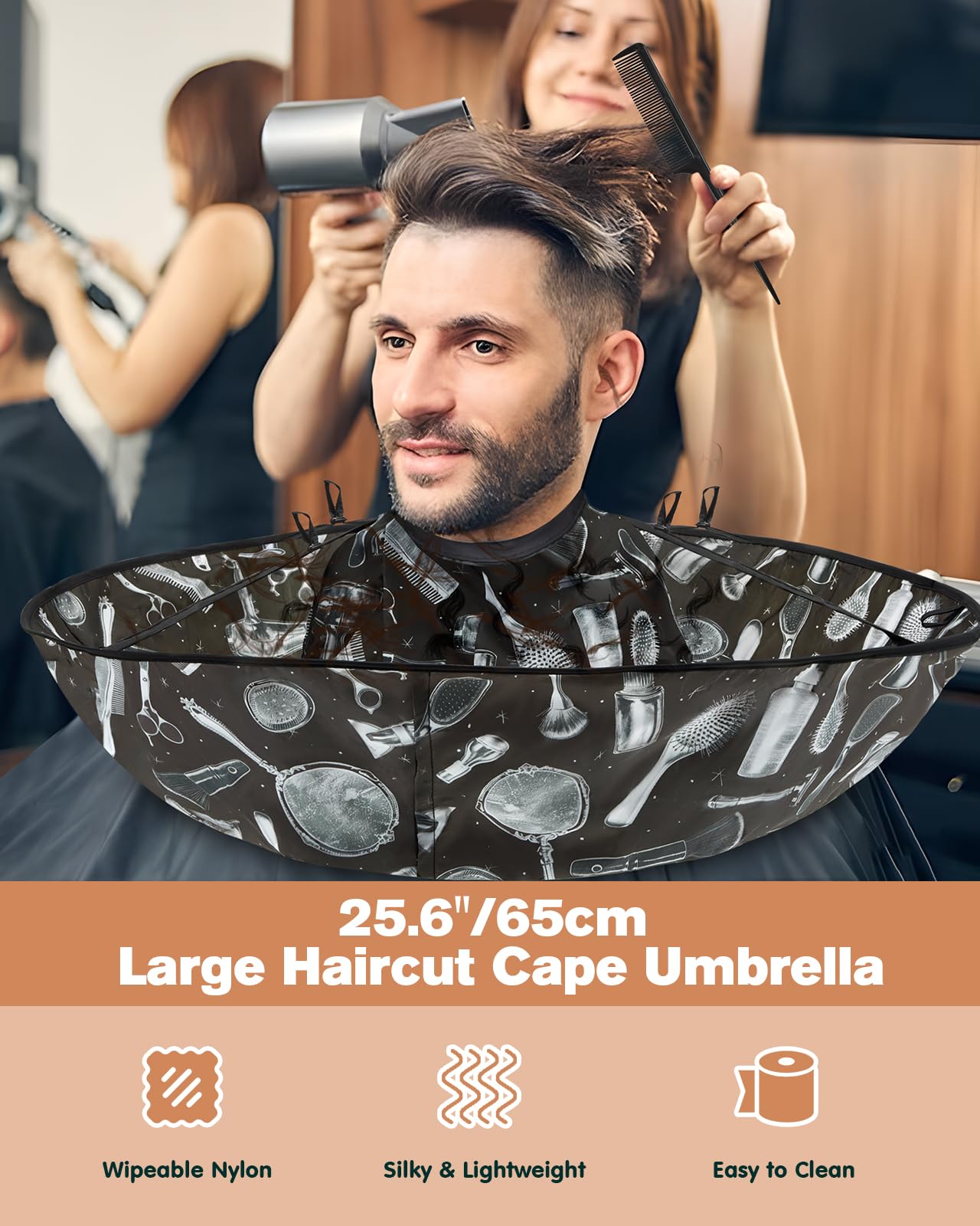 Lilian&Gema hair cloak cape 65cm diameter showing generous coverage during styling