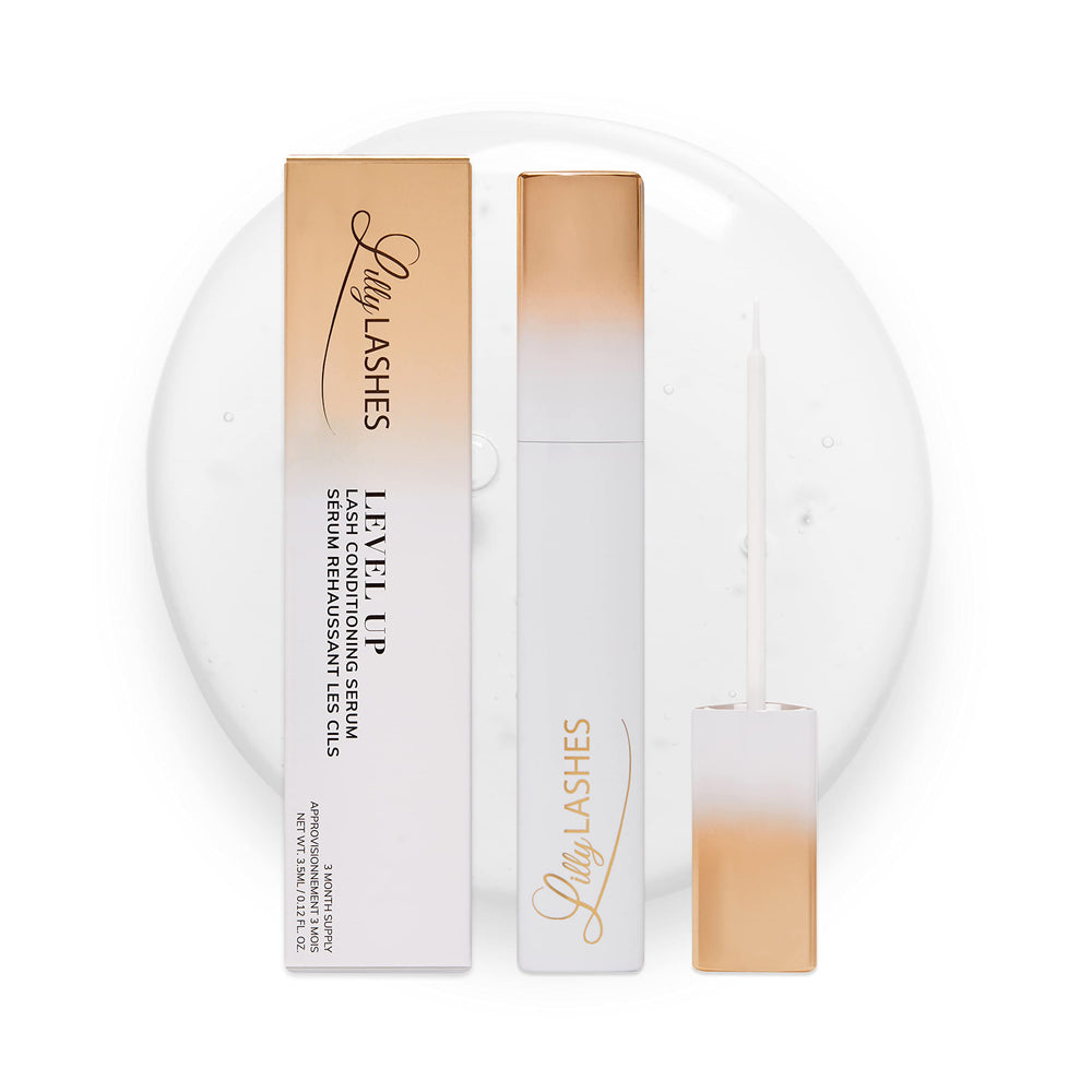 Lilly Lashes Level Up serum bottle closeup showing hydrating formula for fuller lashes