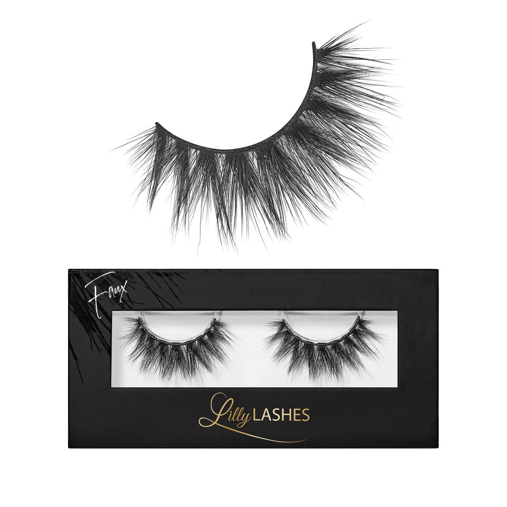 Lilly Lashes Mykonos 3D faux mink strip lashes showcase dramatic volume for evening looks.