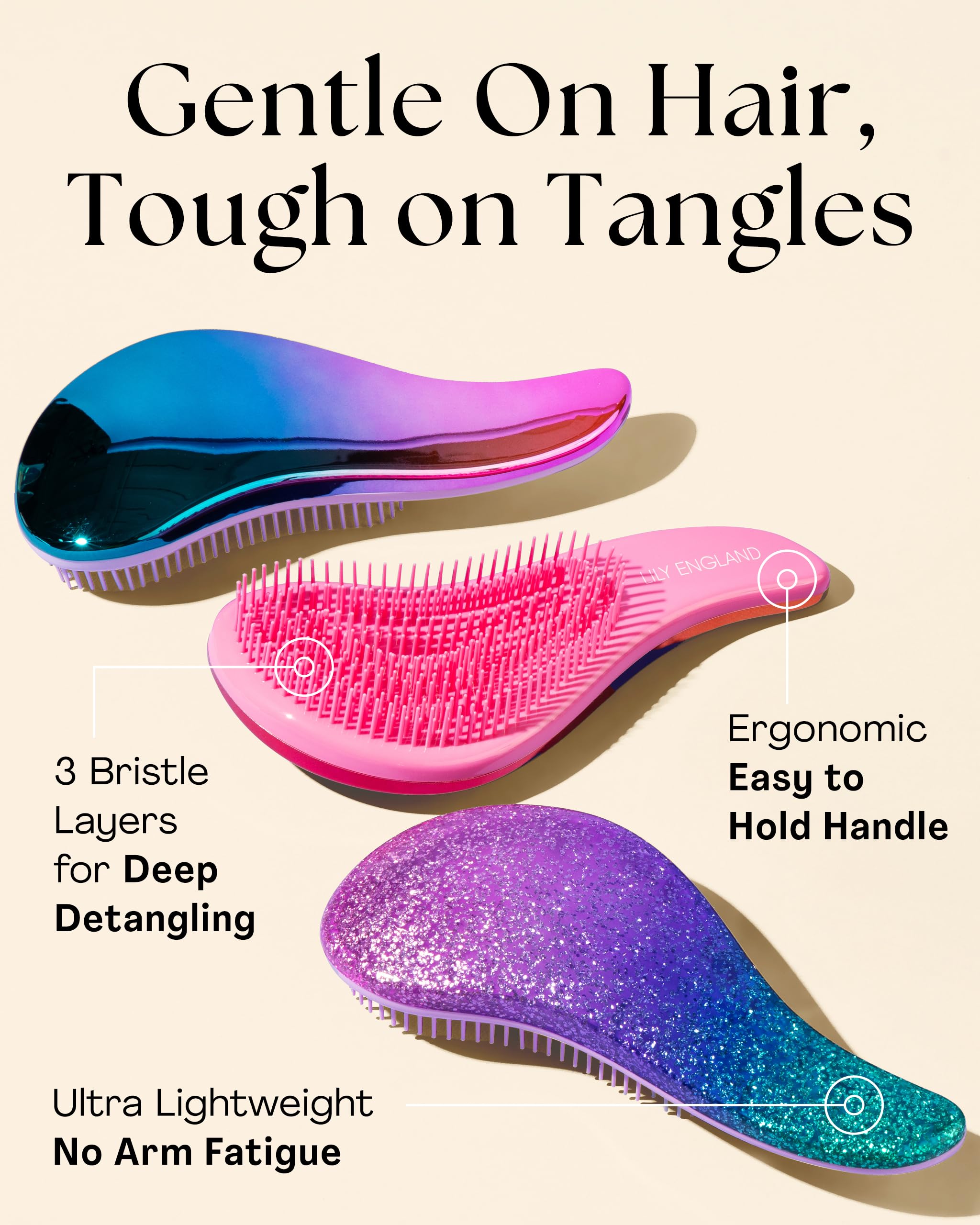 Lily England Detangler with ergonomic handle offers precise control during brushing