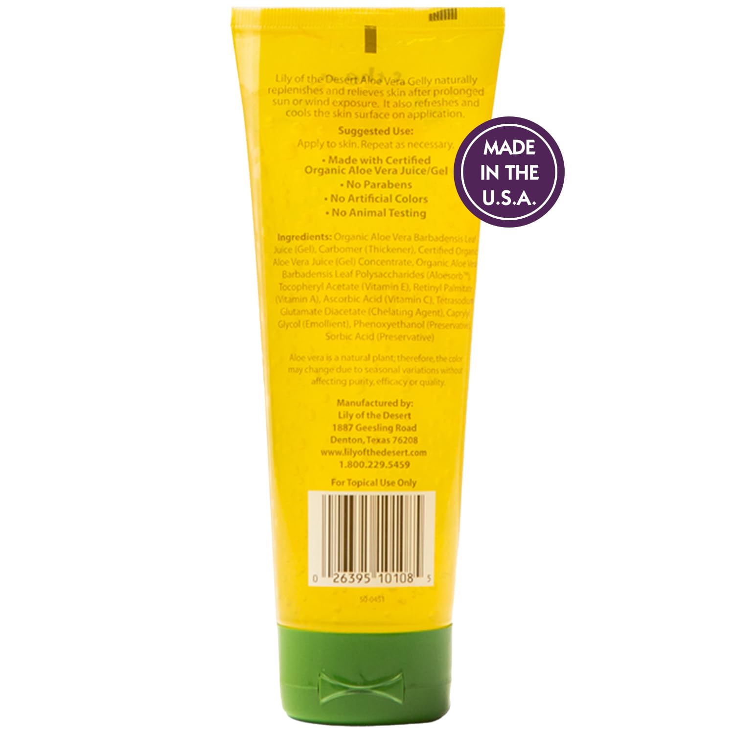 Lily Of The Desert Gelly Moisturizer ingredients chart highlights organic aloe and antioxidants.