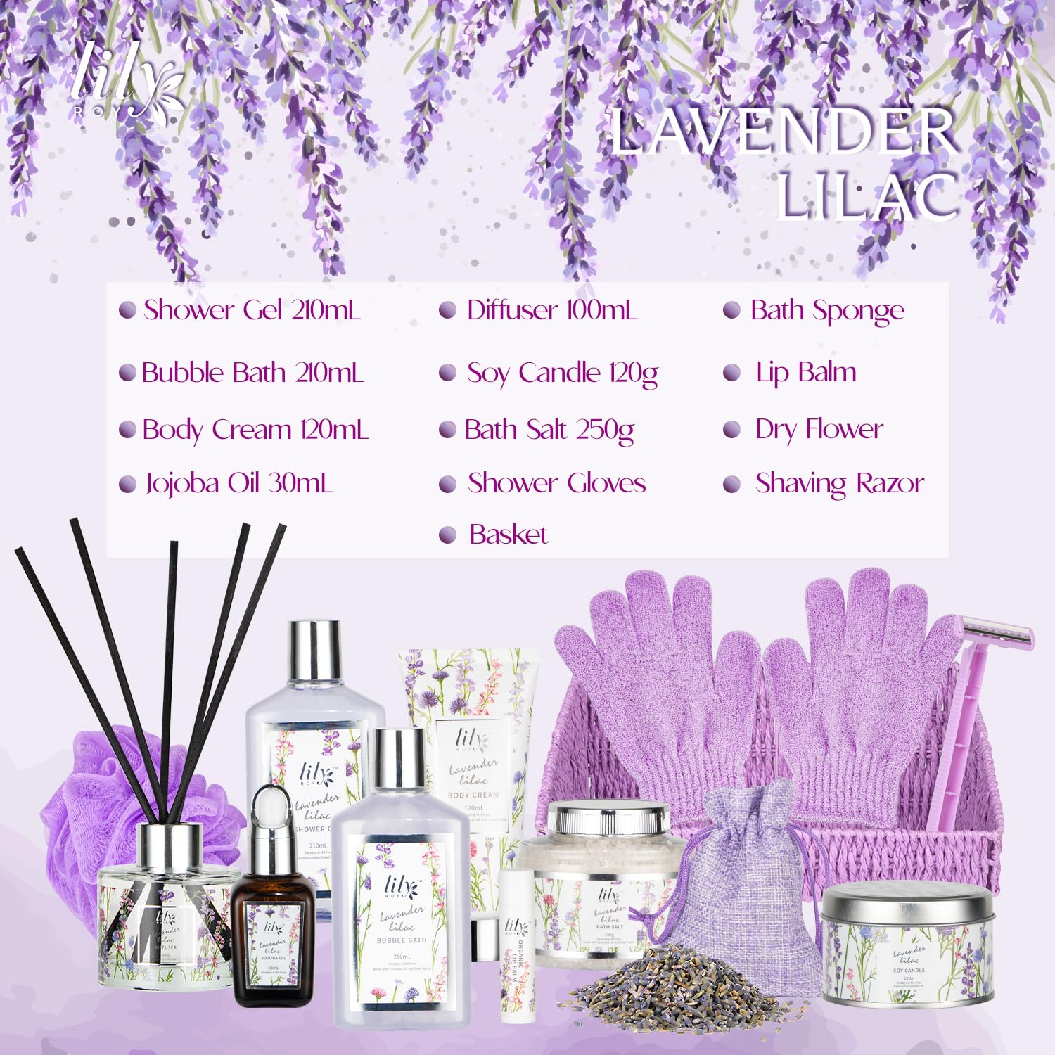 LILY ROY 15-piece spa gift set contents for a luxurious at-home routine