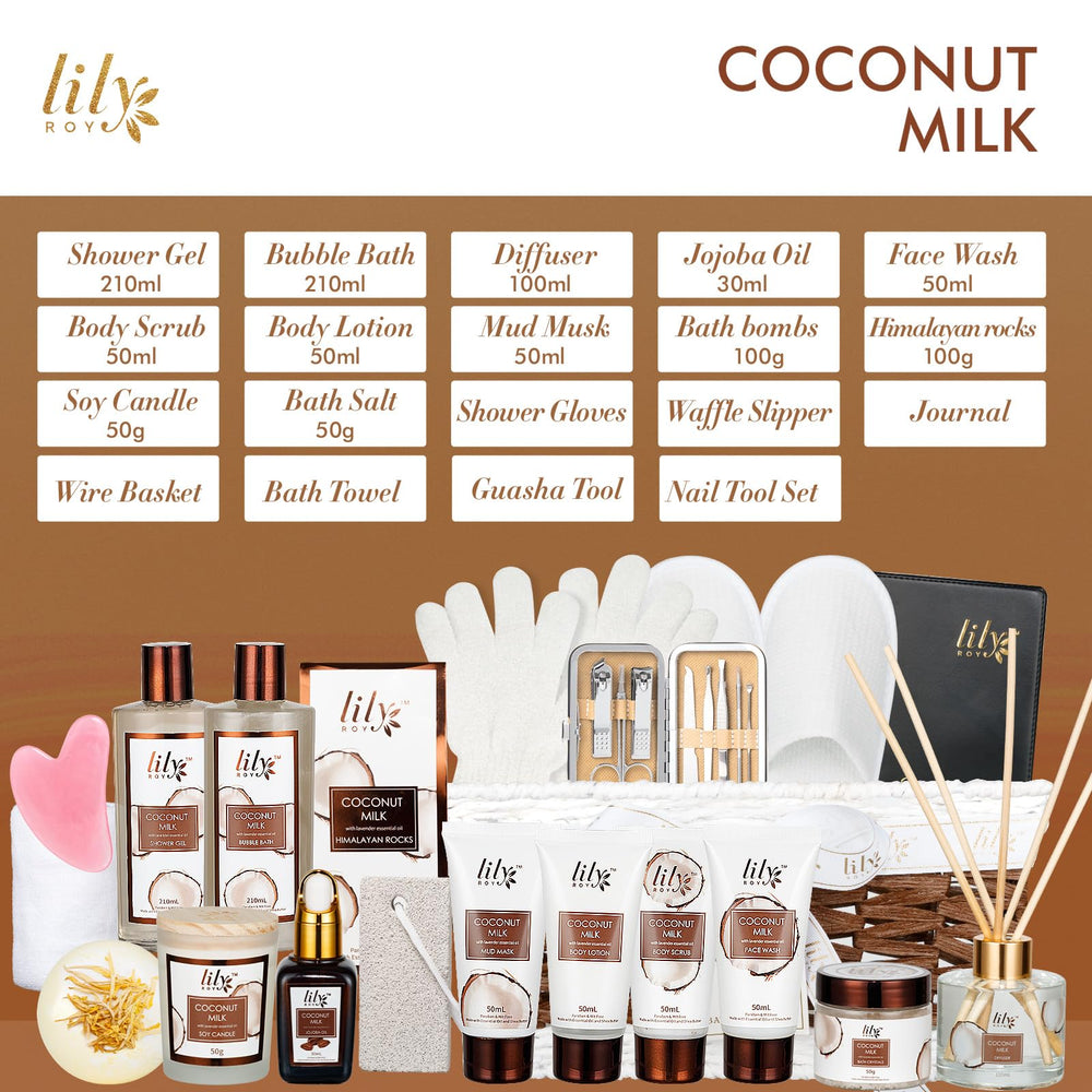 LILY ROY 28-piece body care collection showing bath and skincare essentials
