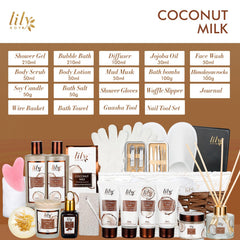 LILY ROY 28-piece body care collection showing bath and skincare essentials