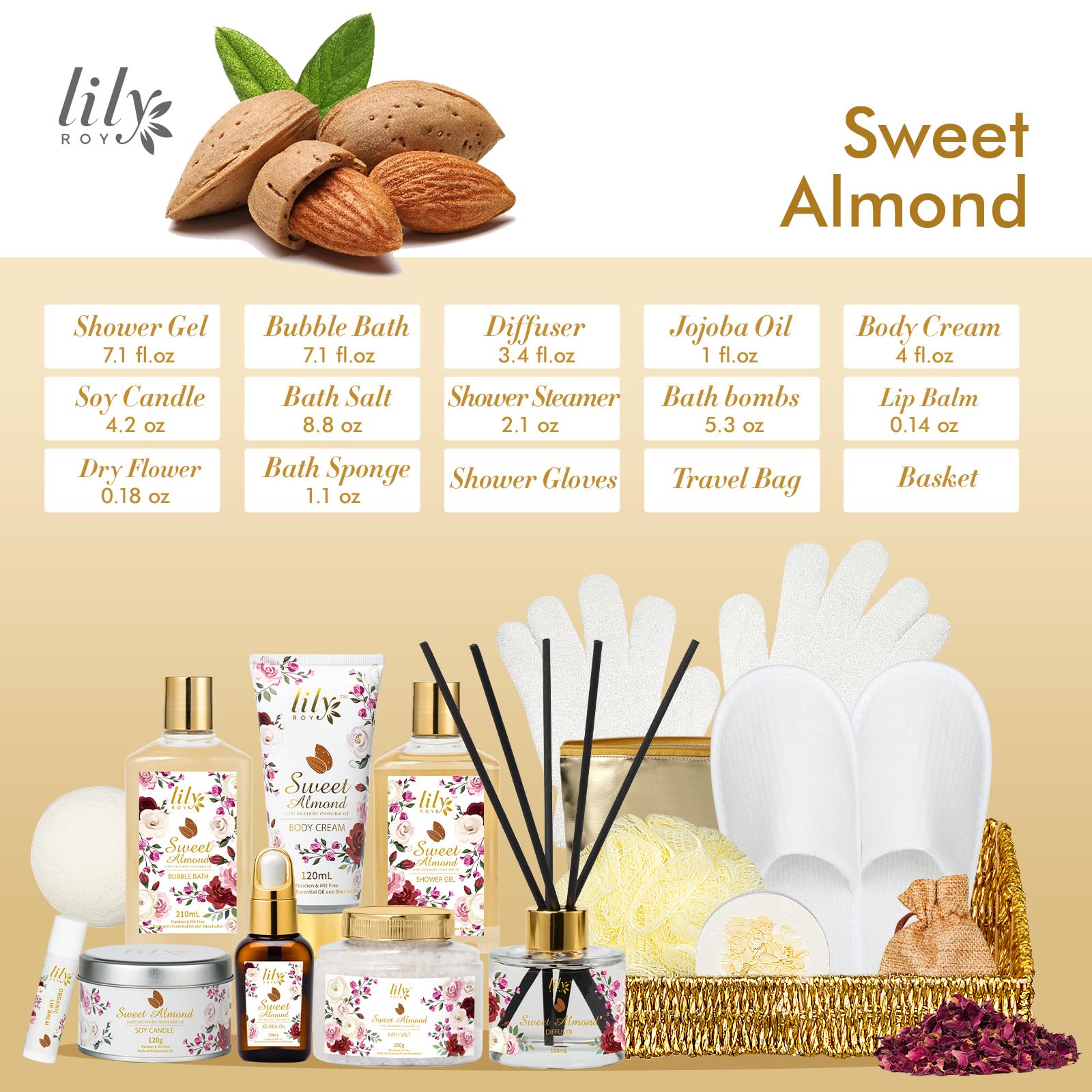 LILY ROY almond body wash bottle, silky lather for dry skin nourishment.