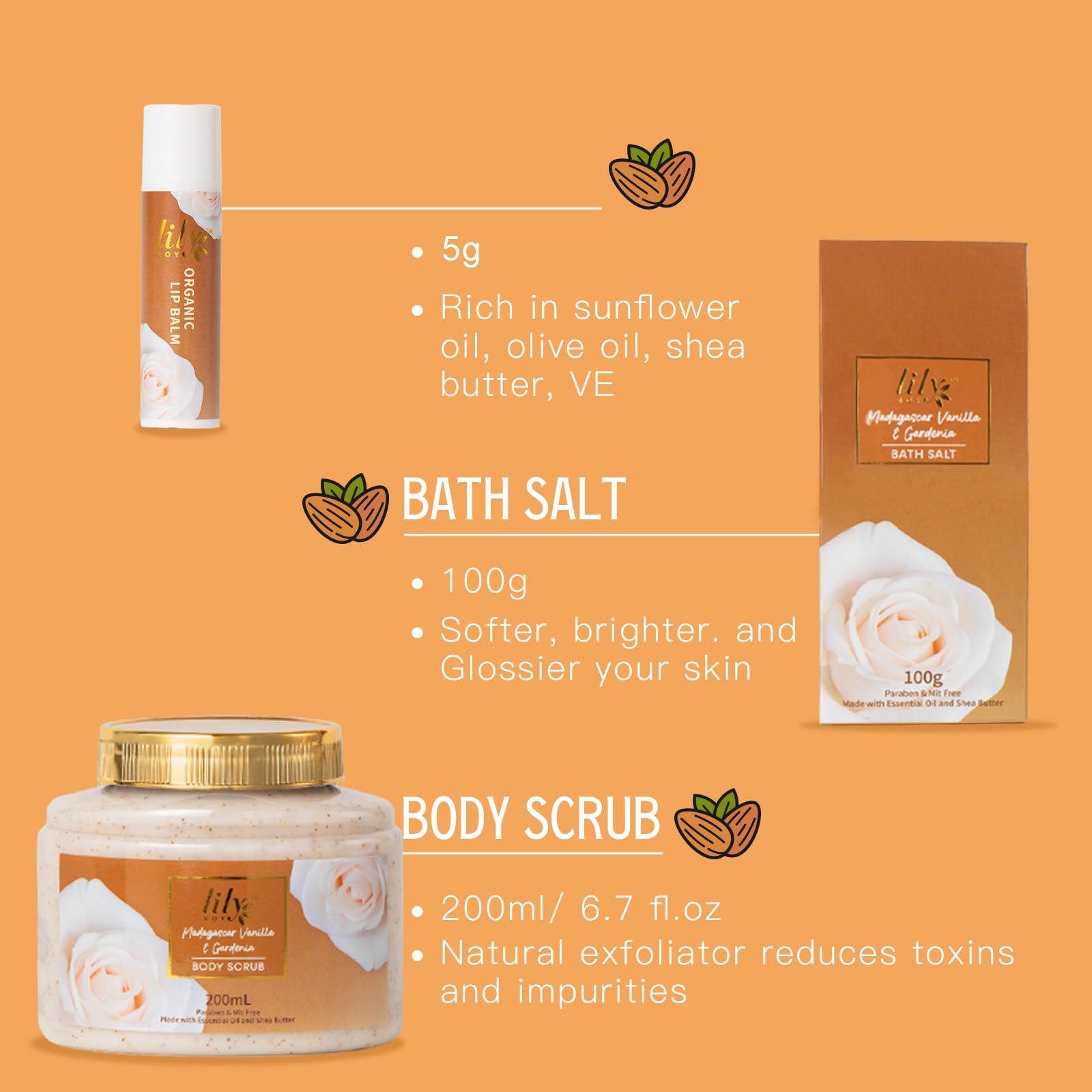 LILY ROY Honey Almond Bath Oil enhances a pampering spa moment.