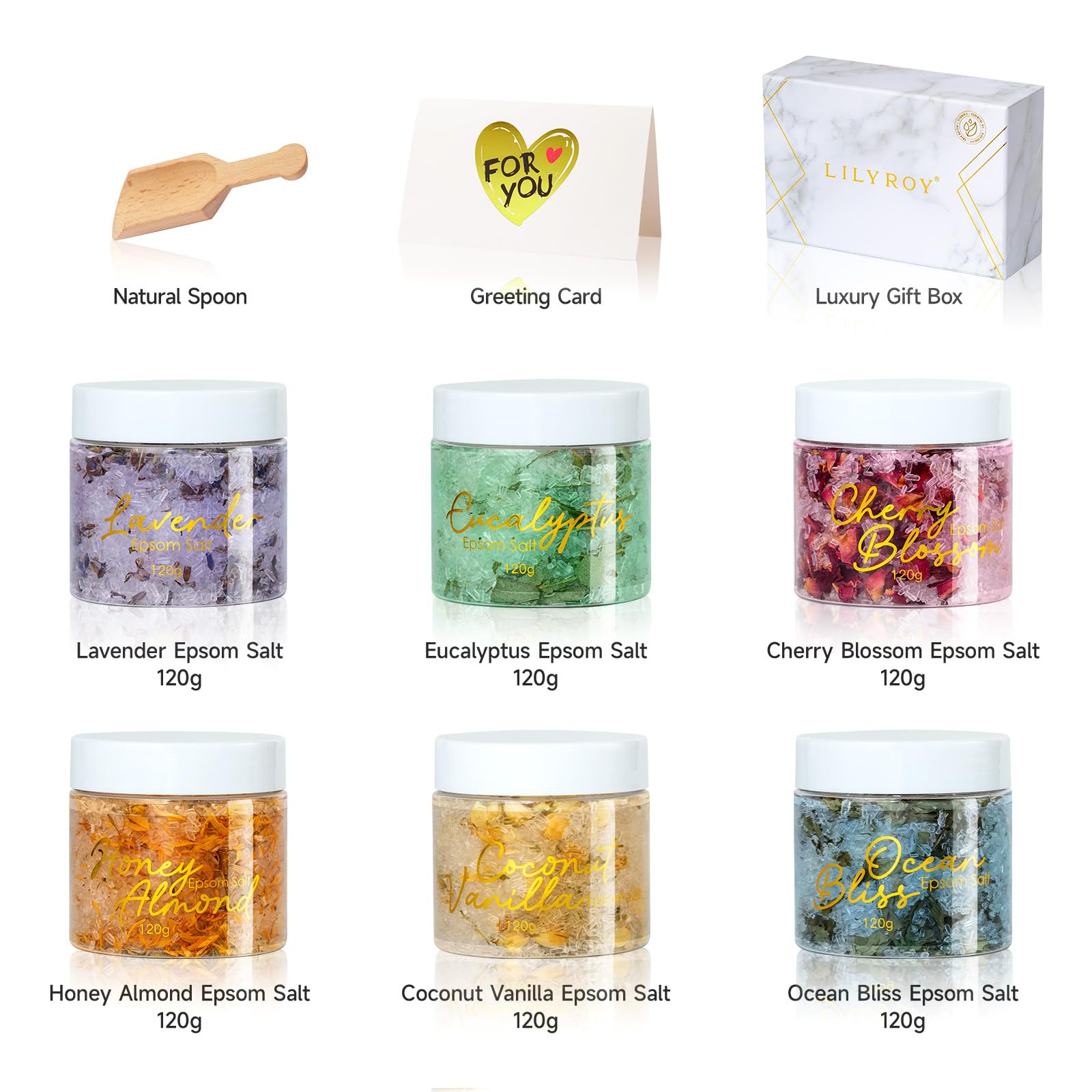 LILY ROY six x 120g epsom salts for soothing soak and skin softness