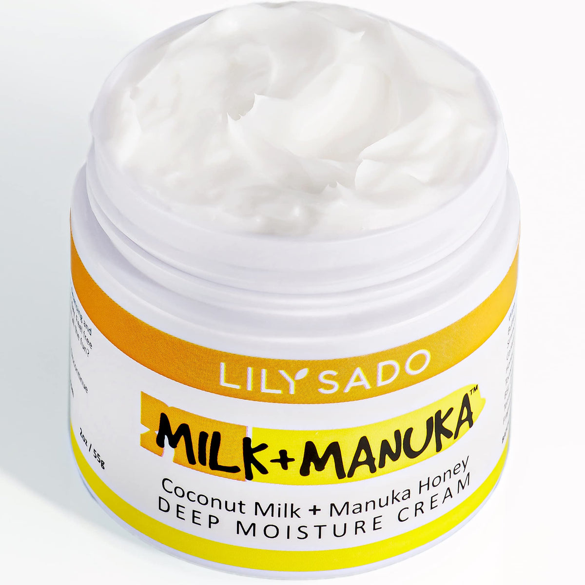 LILY SADO MILK+MANUKA coconut-milk-face-cream-jar shows creamy texture and lasting hydration