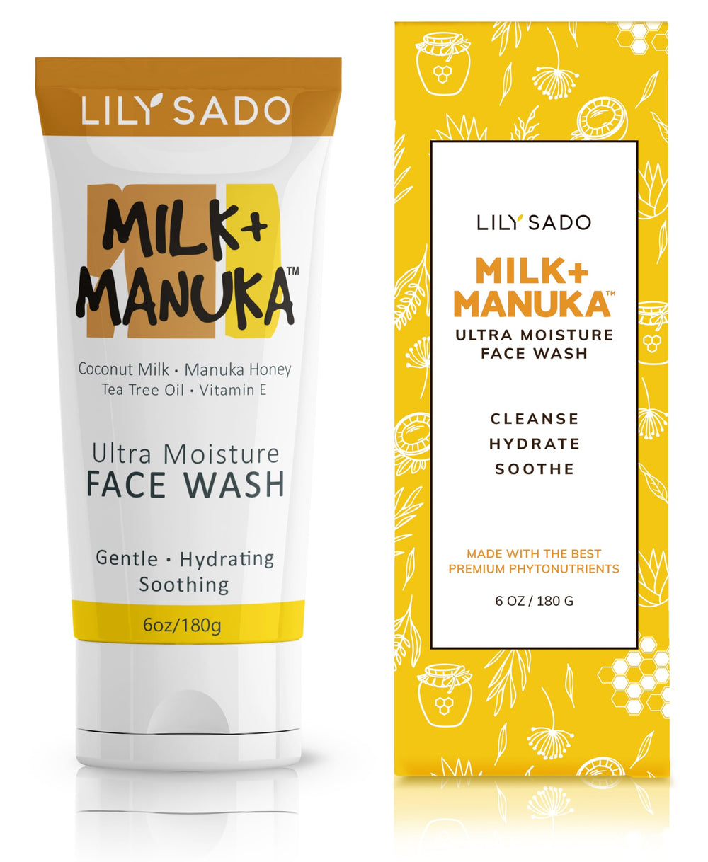 LILY SADO Milk+Manuka Cream Cleanser bottle supports gentle daily cleansing for sensitive skin.