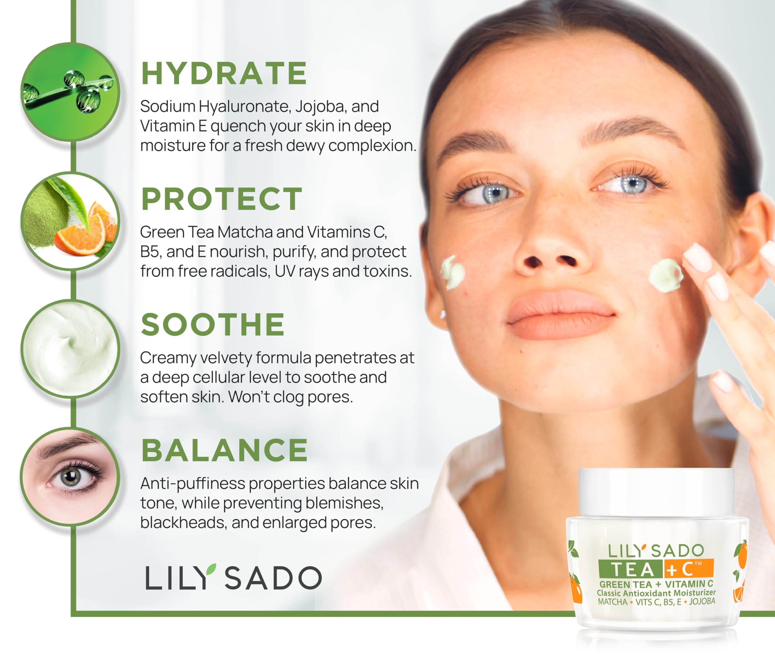 LILY SADO Tea+C peptides and green tea closeup for anti-wrinkle benefits.