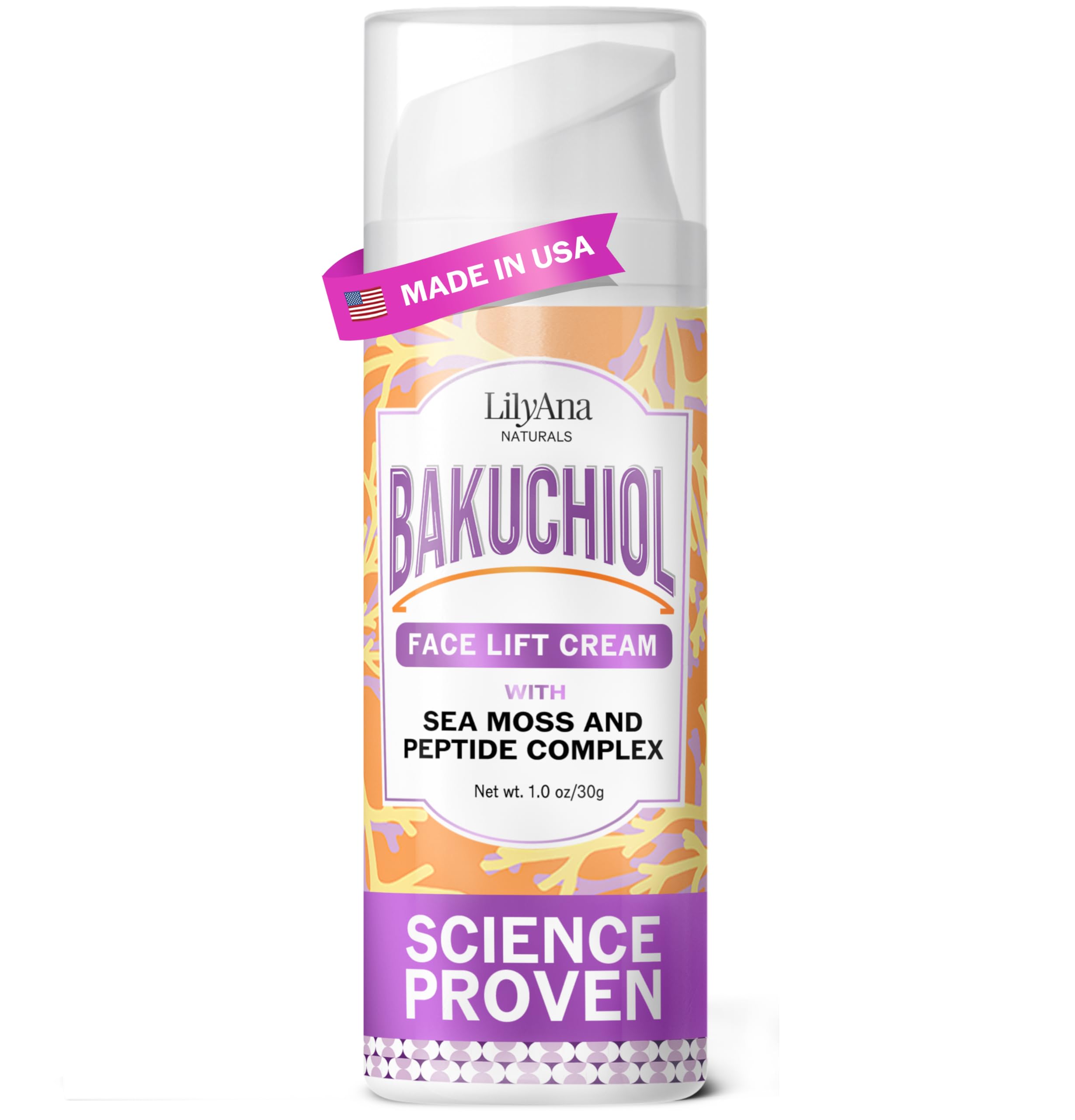 LilyAna Naturals Bakuchiol Face Lift Cream bottle ready for gentle anti-aging care.