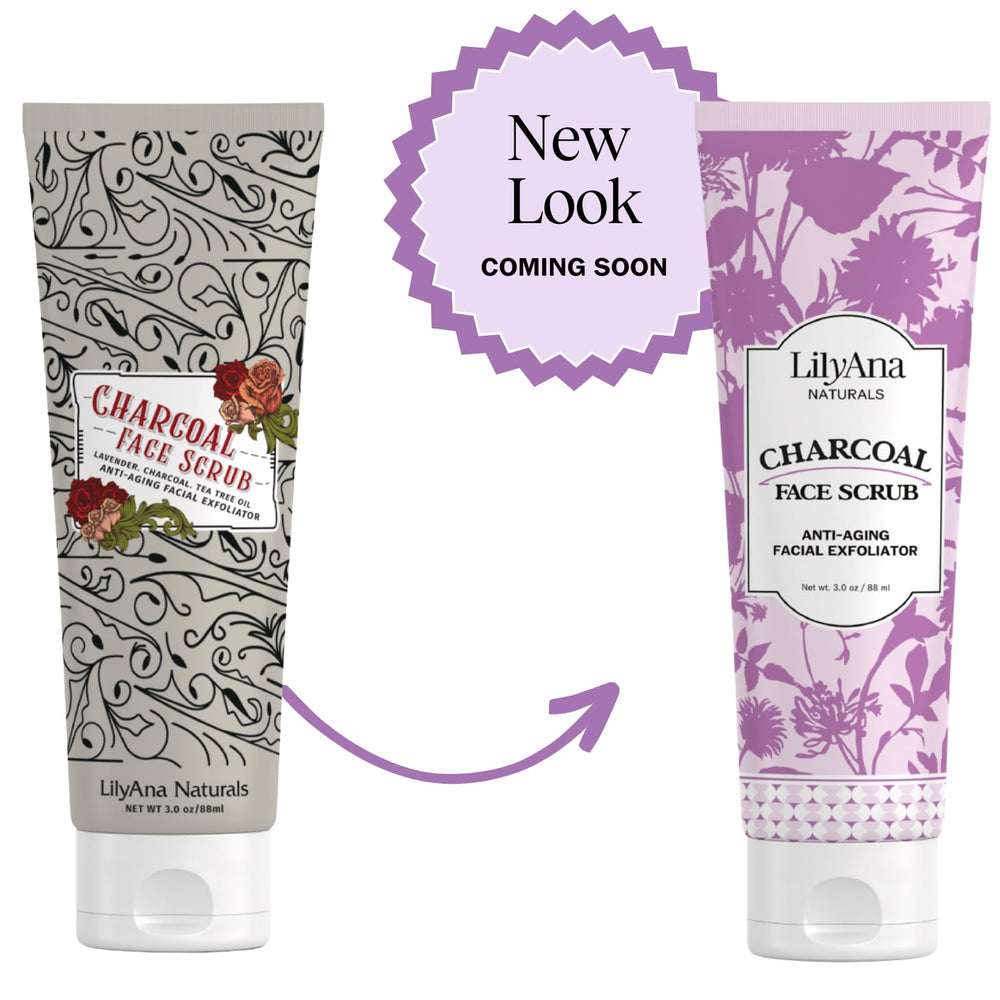 LilyAna Naturals charcoal scrub on a morning routine scene encourages gentle cleansing