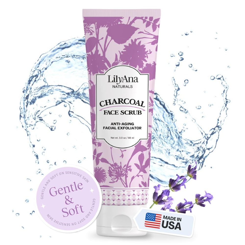 LilyAna Naturals charcoal scrub jar closeup shows exfoliating texture for radiant skin