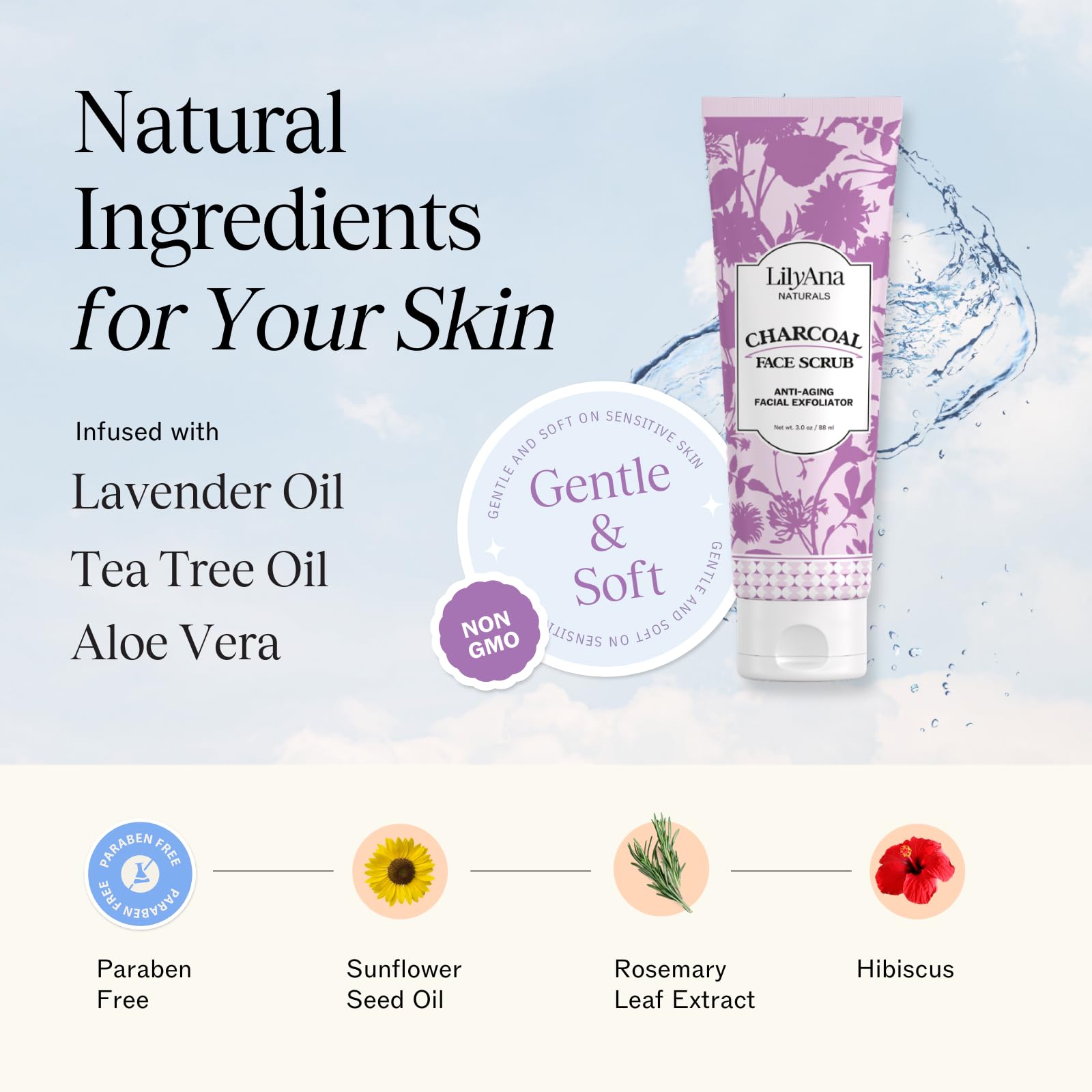 LilyAna Naturals lavender tea tree oil scrub features calming aroma and purifying cleanse