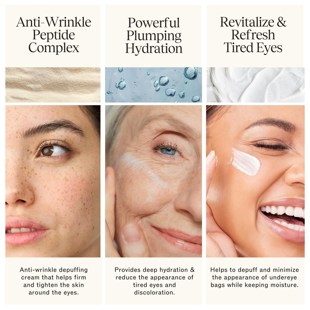 LilyAna Naturals caffeine eye cream tube shows brightening effect for tired-looking eyes.