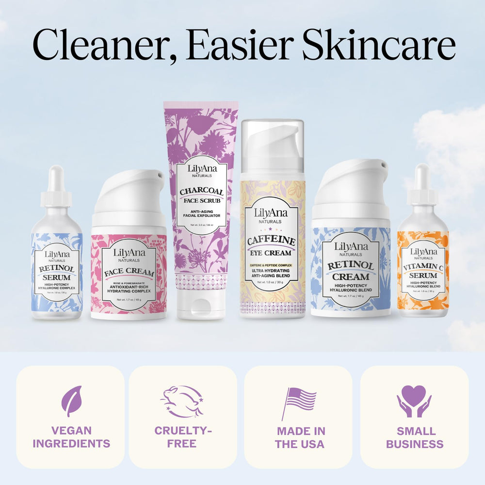 LilyAna Naturals caffeine eye cream packaging indicates daily use for all skin types.
