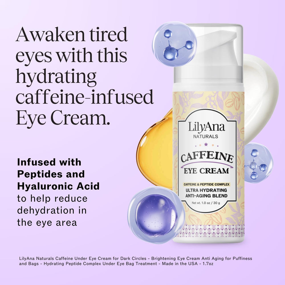 LilyAna Naturals caffeine eye cream peptide complex close-up highlights firming benefits.