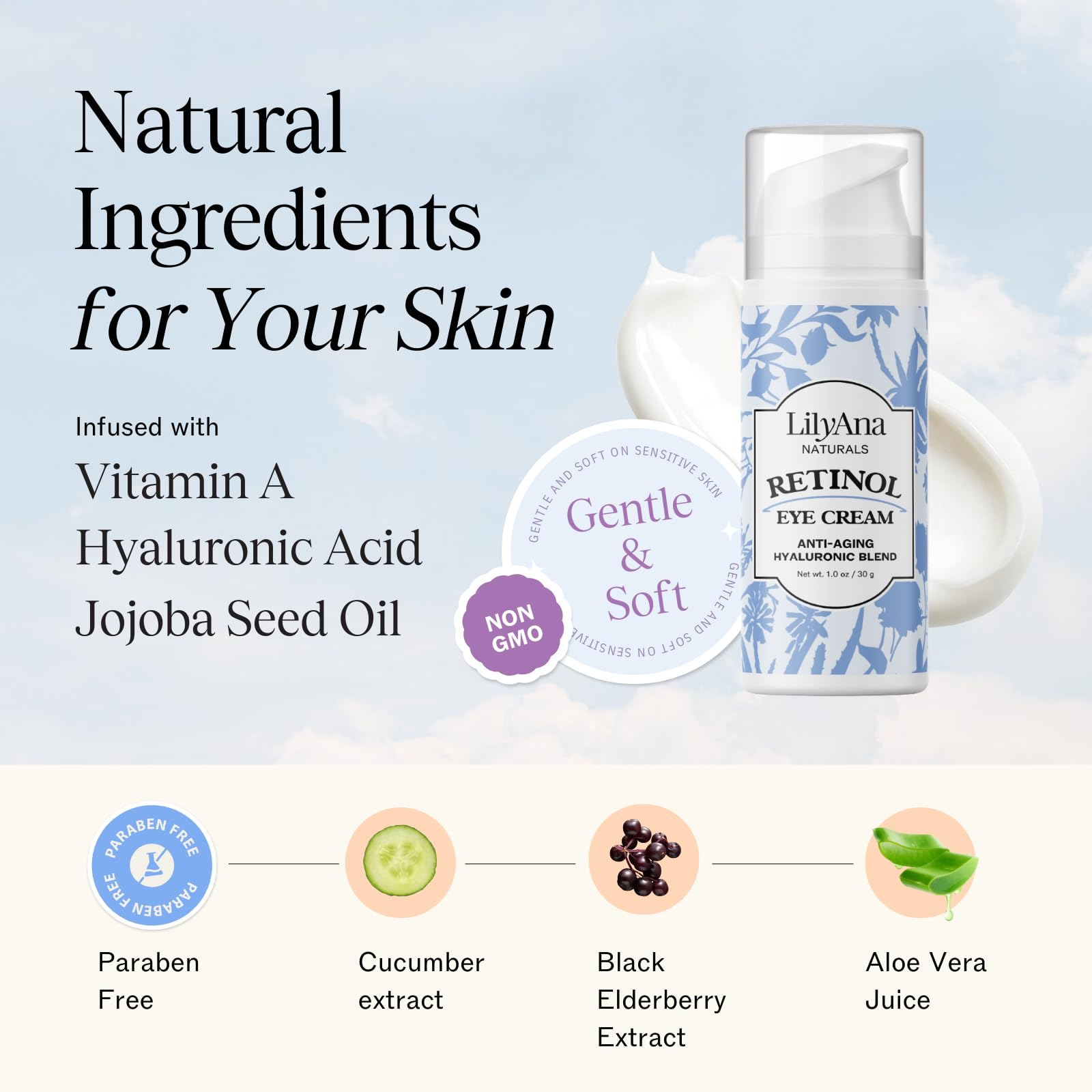 LilyAna Naturals eye cream targets fine lines, delivering visible smoothing around the eyes.