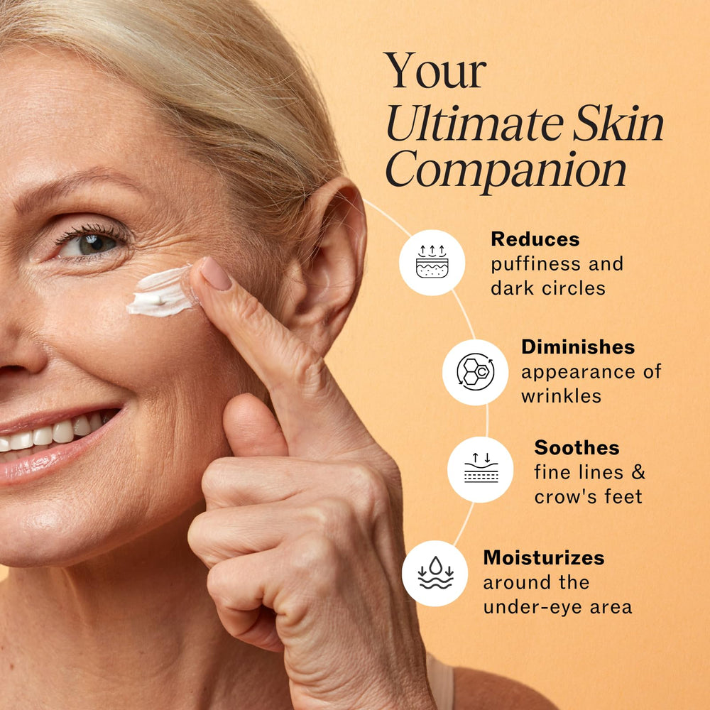 LilyAna Naturals eye cream with rosehip-hibiscus complex shown for discoloration reduction.
