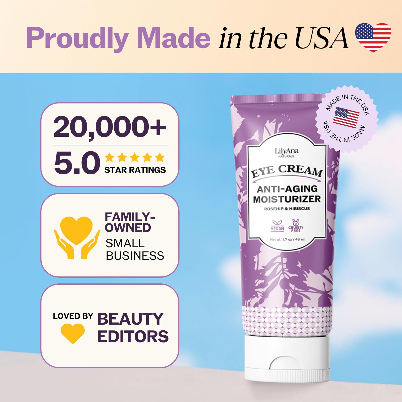 LilyAna Naturals Eye Cream smooth-skin-look image hints at brighter, firmer under-eye appearance.