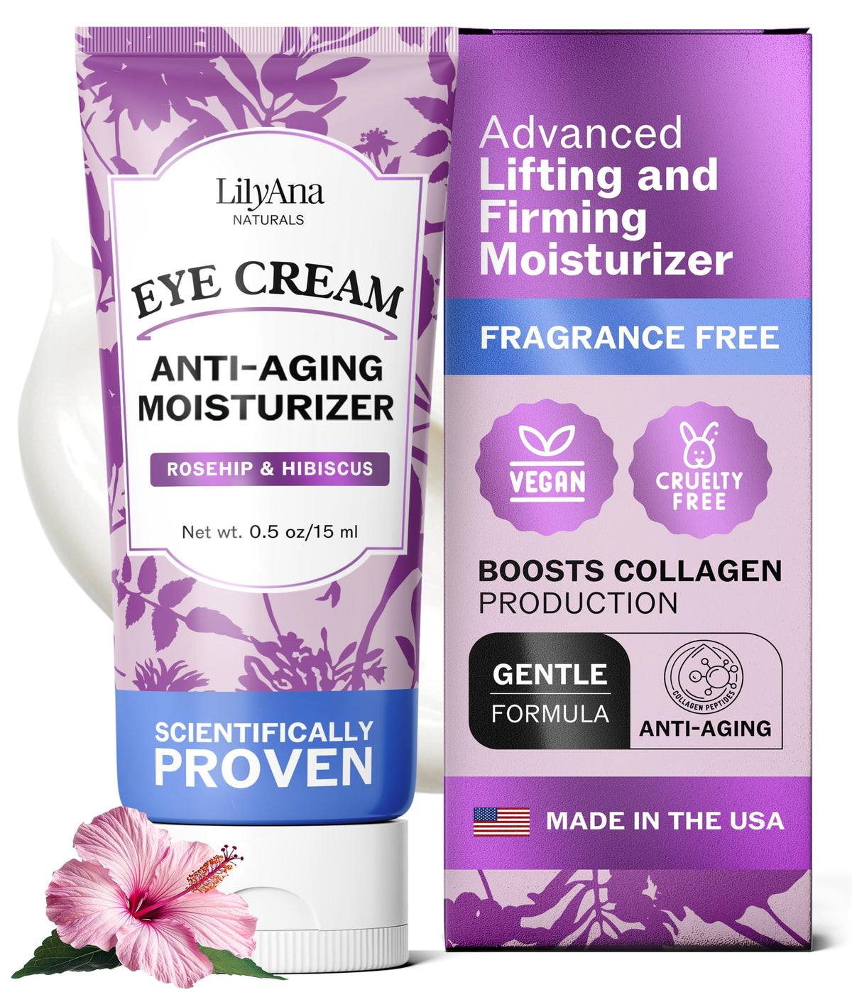 LilyAna Naturals Eye Cream tube closeup highlights soothing hydration for tired eyes.