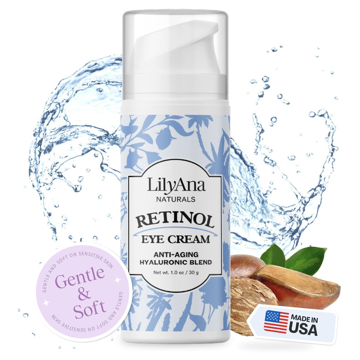 LilyAna Naturals eye cream tube closeup highlighting deep hydration for puffiness and fine lines.